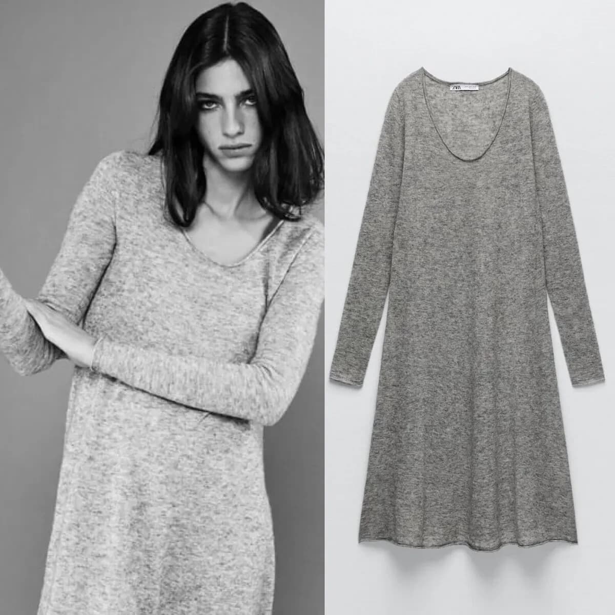 ZARA Wool Alpaca Midi Dress Limited Edition Long Sleeve Scoop Neck Grey Sz.L
