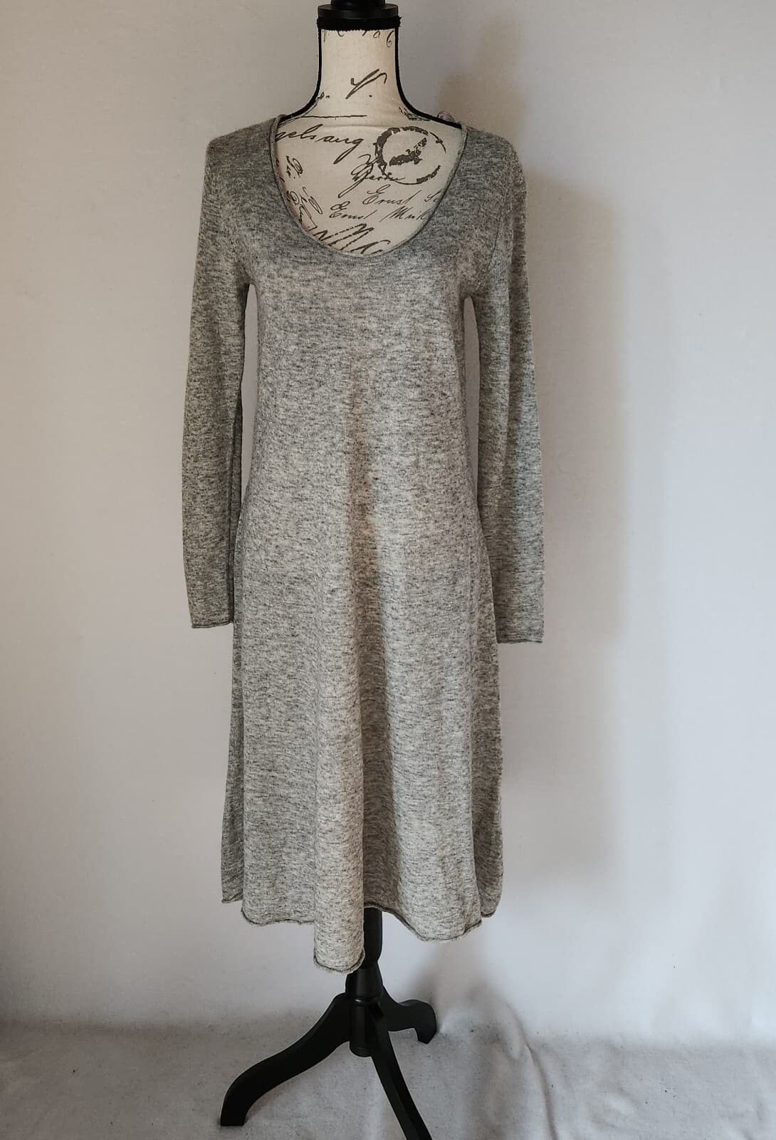 ZARA Wool Alpaca Midi Dress Limited Edition Long Sleeve Scoop Neck Grey Sz.L - Thumbnail 2