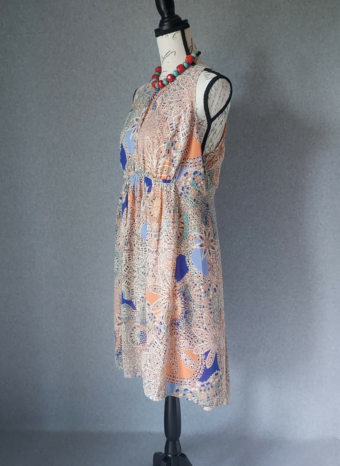 Sundance Dionna Chiffon Hi-Low Sheath Dress Sleeveless Geo-Printed Orange Sz.L - Thumbnail 4