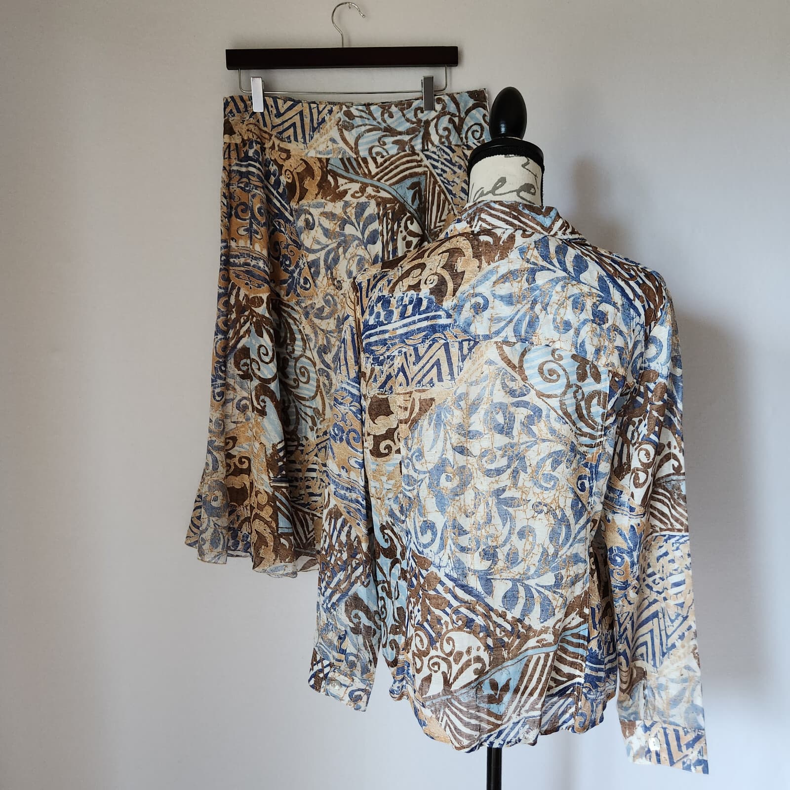 Cynthia Max Linen Blend Hilltribe Printed 2 Piece Shirt Skirt Multicolor Sz.L,M - Thumbnail 5