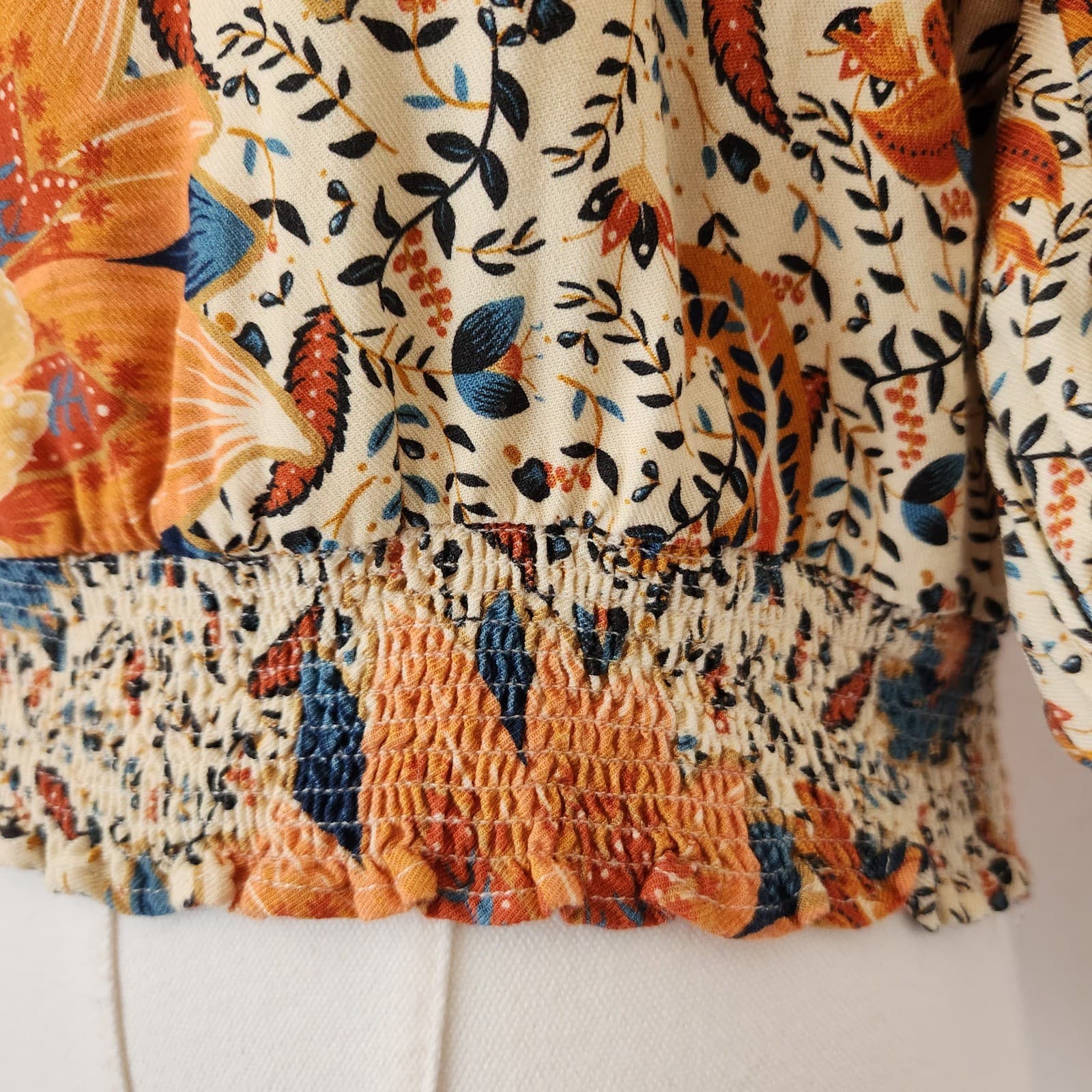 Farm Rio Anthropologie Bambina Floral Smock Waist Cropped Top Square Neck Sz.S - Thumbnail 4