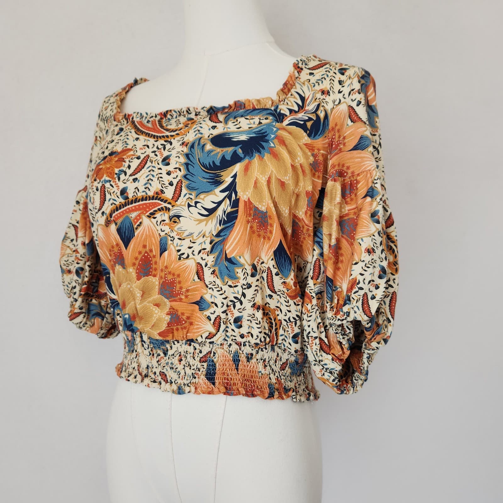 Farm Rio Anthropologie Bambina Floral Smock Waist Cropped Top Square Neck Sz.S - Thumbnail 2