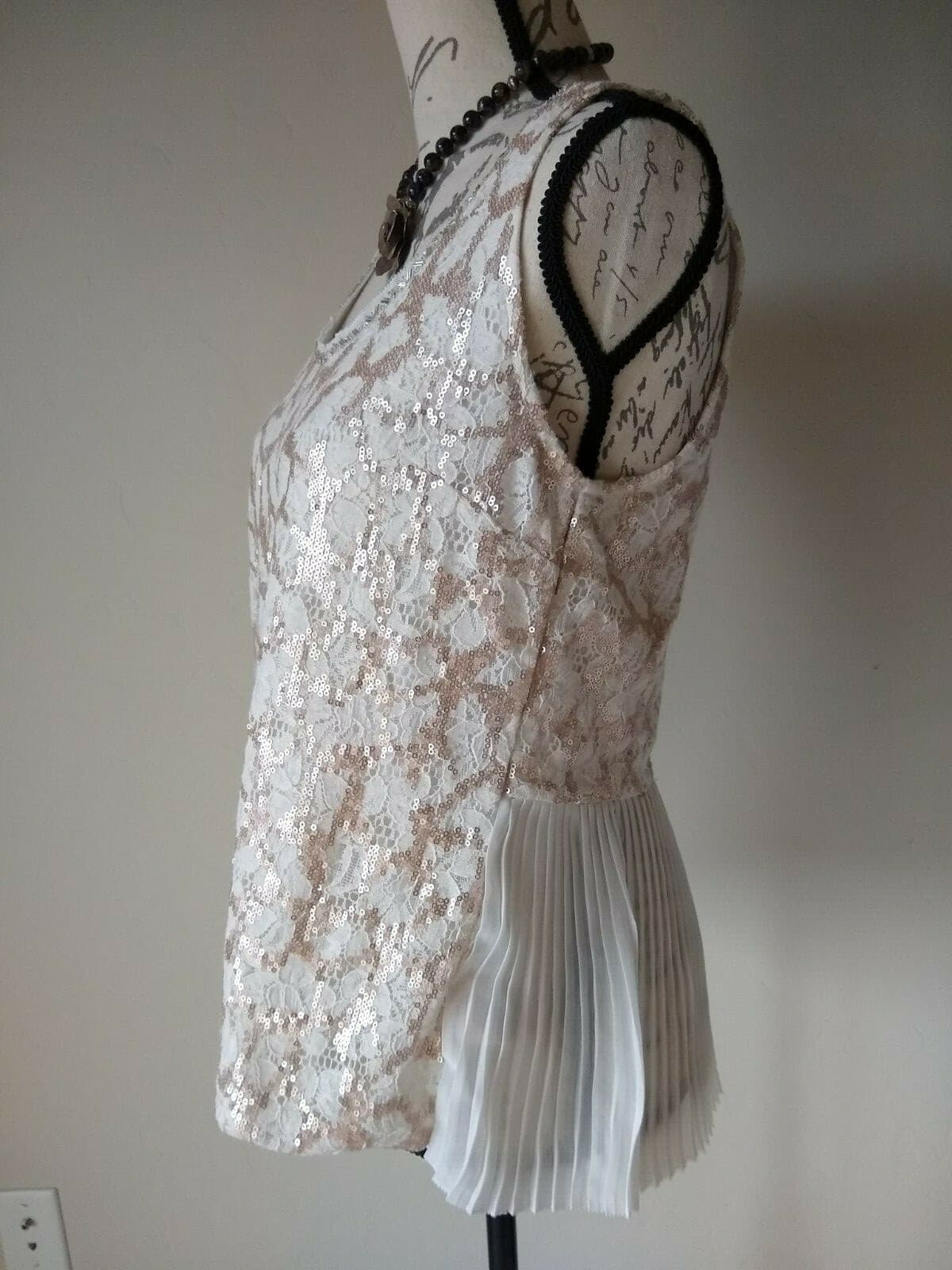 Meadow & Rue Anthropologie Lace Knit Chiffon Top Sleeveless Embellished Cream S - Thumbnail 3