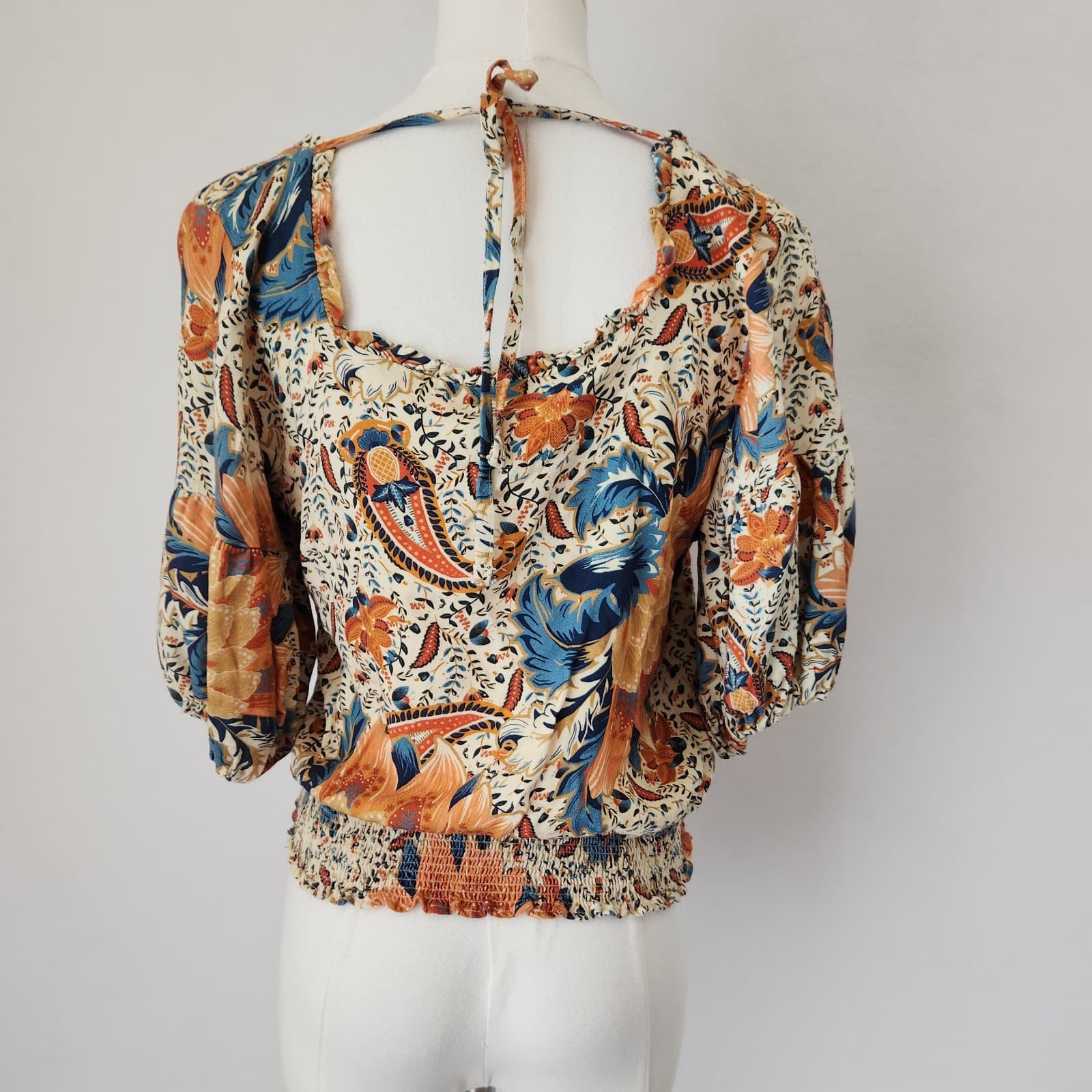 Farm Rio Anthropologie Bambina Floral Smock Waist Cropped Top Square Neck Sz.S - Thumbnail 7