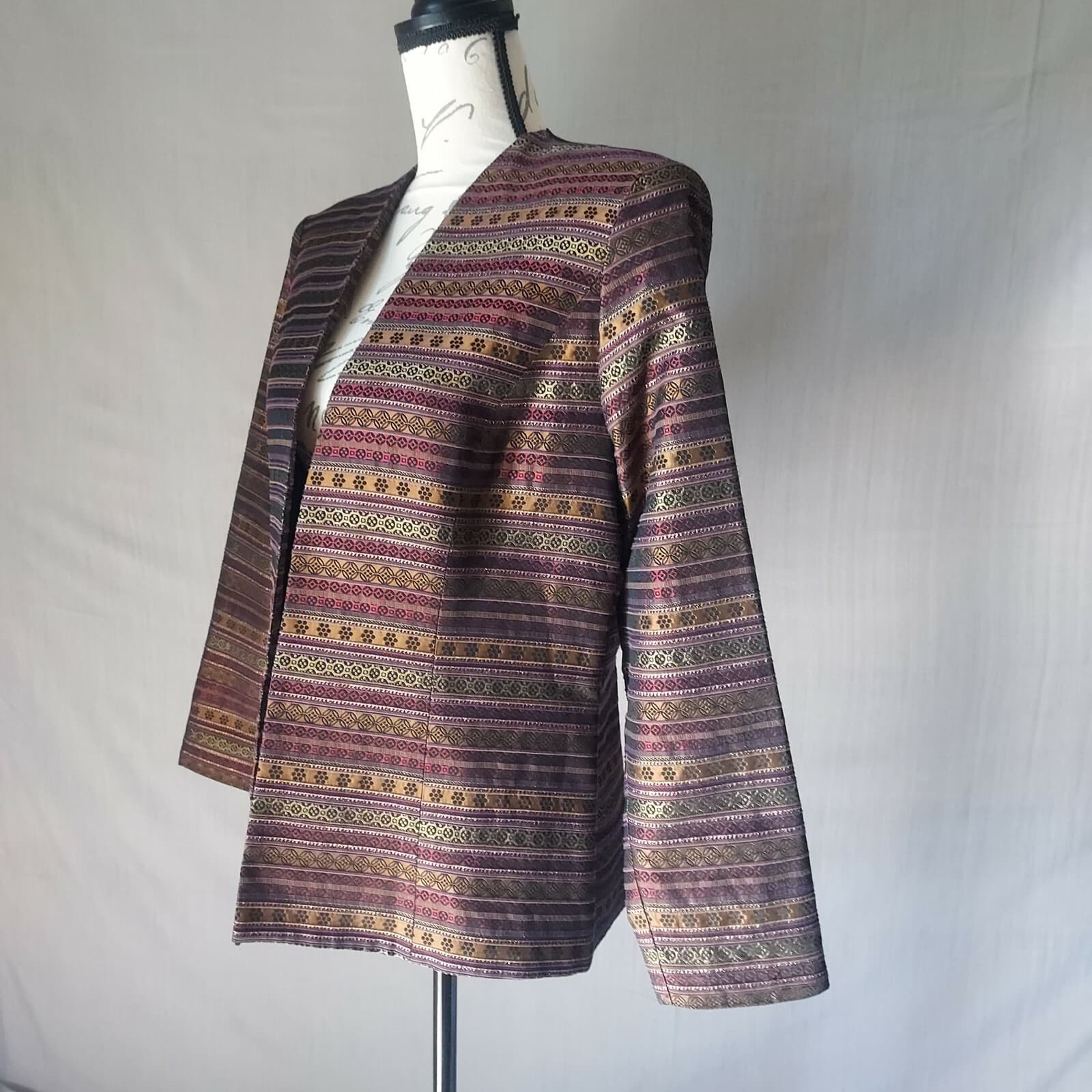 Karen Miller NY Open Front Evening Jacket Geo-Printed Metallic Brown Women 12 - Thumbnail 4