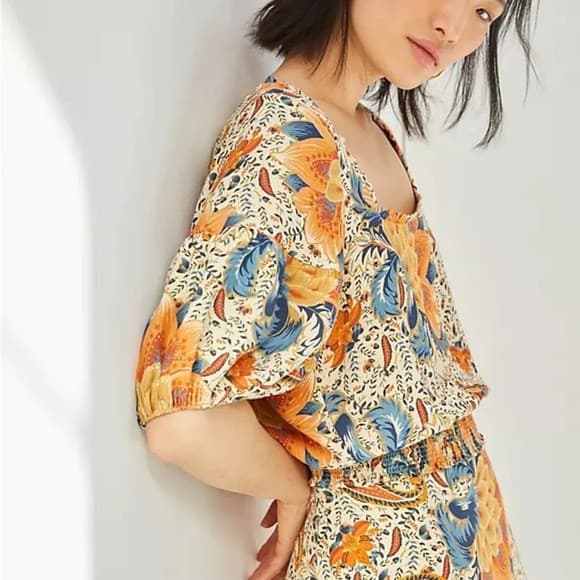 Farm Rio Anthropologie Bambina Floral Smock Waist Cropped Top Square Neck Sz.S - Thumbnail 3