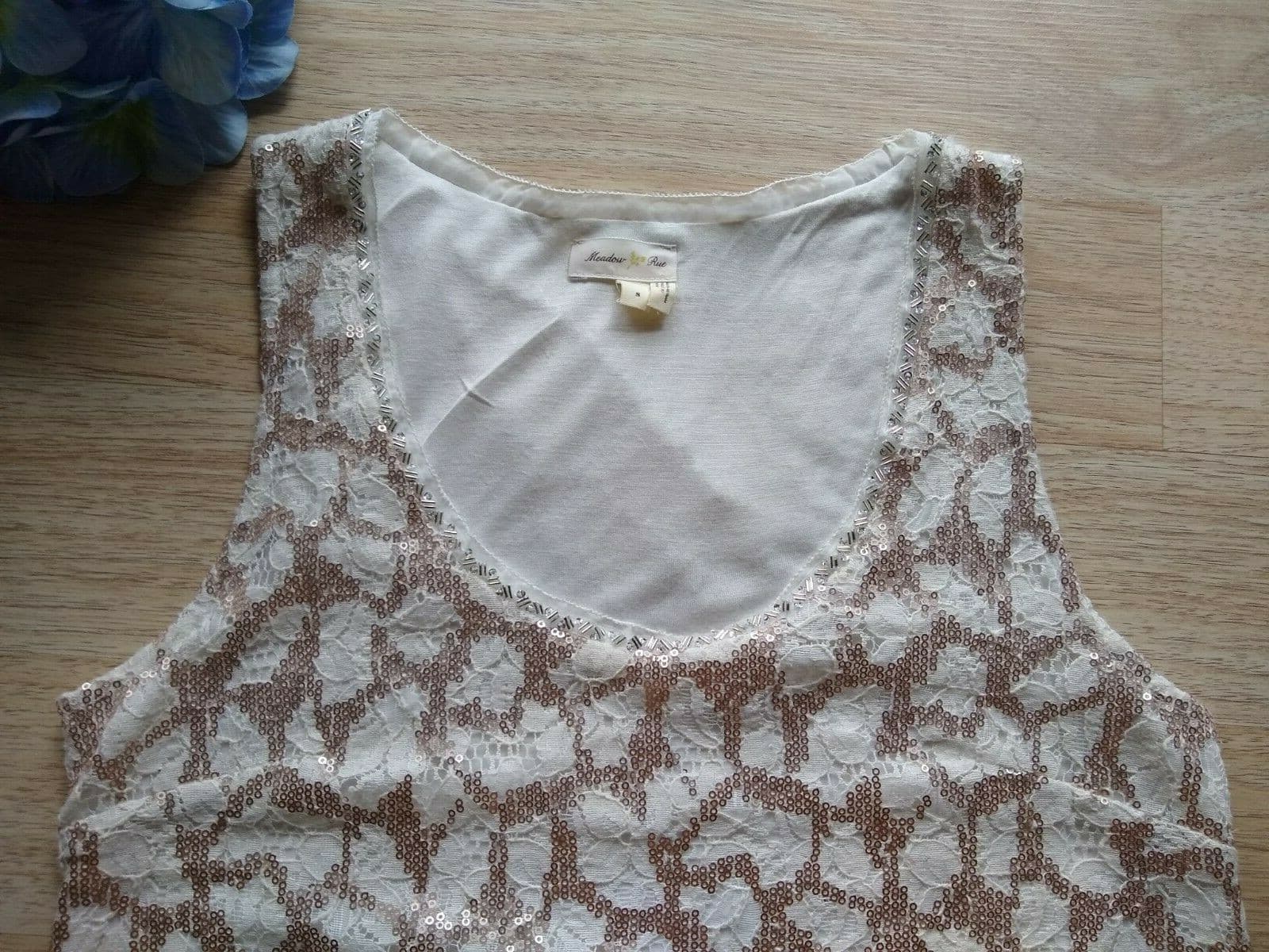 Meadow & Rue Anthropologie Lace Knit Chiffon Top Sleeveless Embellished Cream S - Thumbnail 6