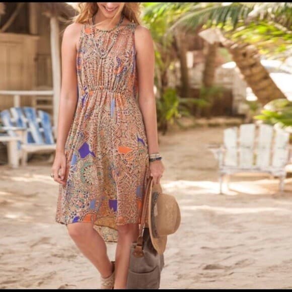 Sundance Dionna Chiffon Hi-Low Sheath Dress Sleeveless Geo-Printed Orange Sz.L - Thumbnail 2