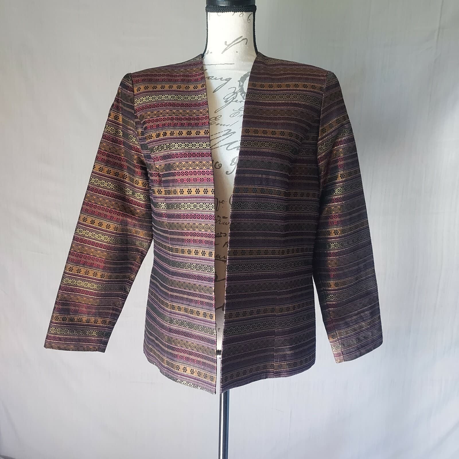Karen Miller NY Open Front Evening Jacket Geo-Printed Metallic Brown Women 12 - Thumbnail 2