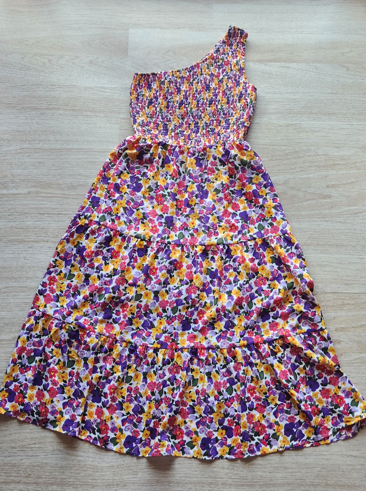 BTFBM Romantic Floral Smocked One-Shoulder Maxi Party Summer Sundress Tiered M - Thumbnail 8
