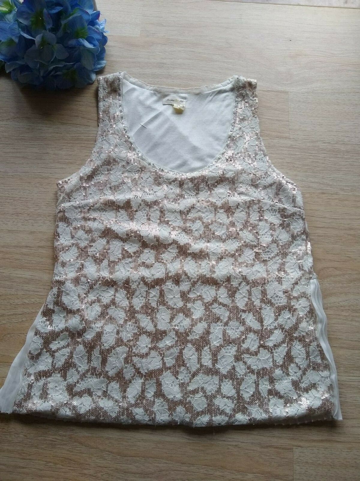 Meadow & Rue Anthropologie Lace Knit Chiffon Top Sleeveless Embellished Cream S - Thumbnail 4