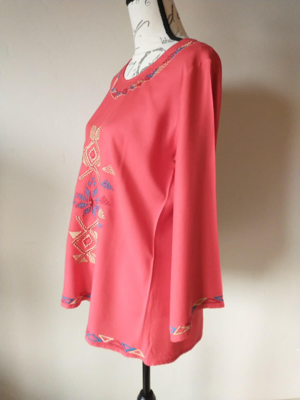 Scully Women Cotton Embroidered Tunic Top Long Sleeve Scoop Neck Red Sz.L - Thumbnail 3