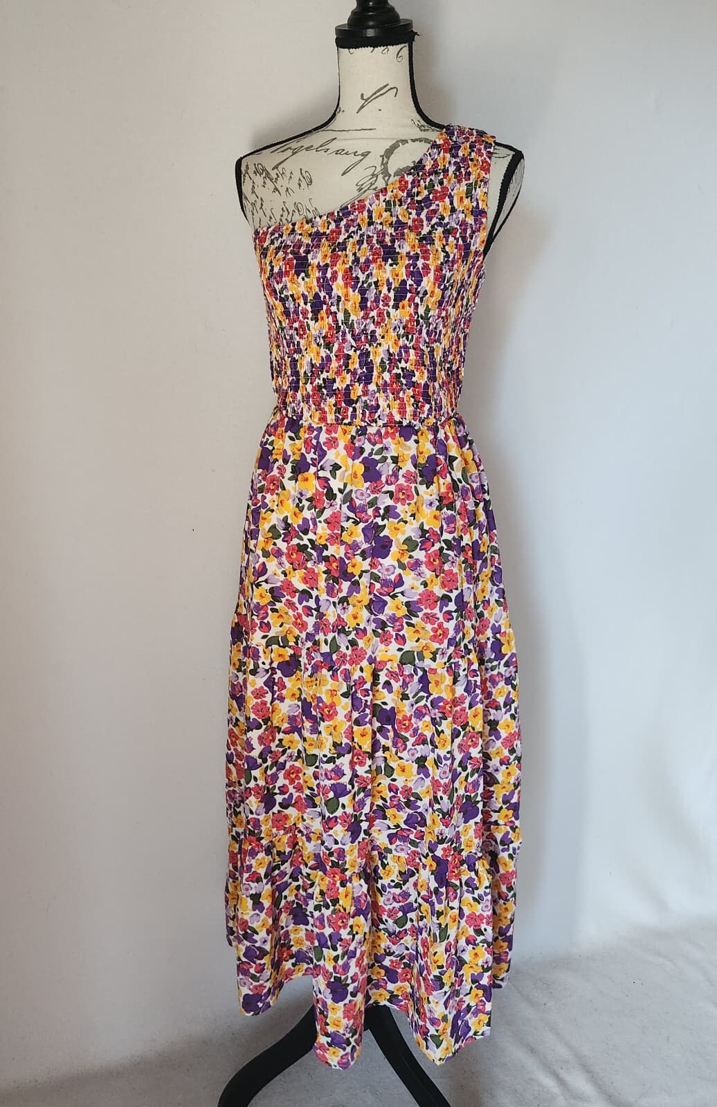 BTFBM Romantic Floral Smocked One-Shoulder Maxi Party Summer Sundress Tiered M - Thumbnail 2