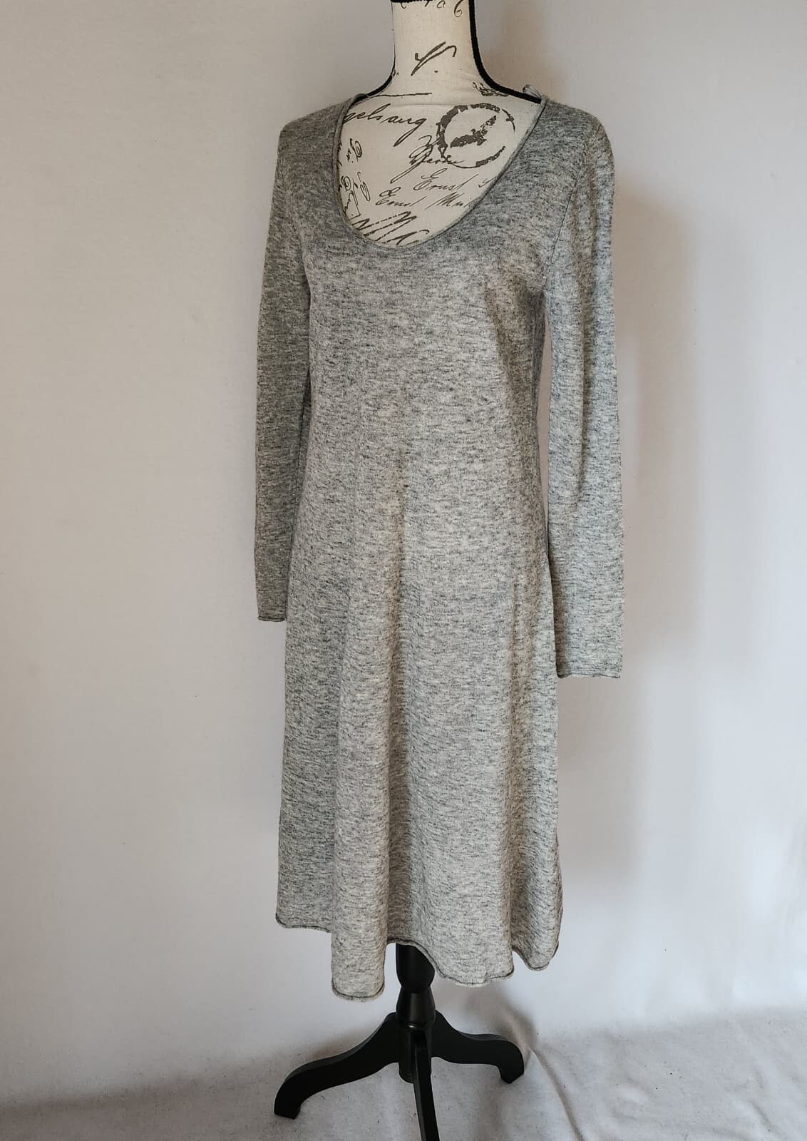 ZARA Wool Alpaca Midi Dress Limited Edition Long Sleeve Scoop Neck Grey Sz.L - Thumbnail 3