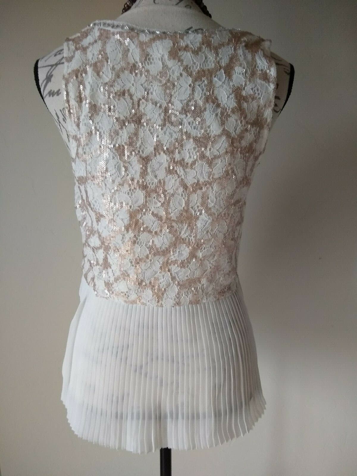 Meadow & Rue Anthropologie Lace Knit Chiffon Top Sleeveless Embellished Cream S - Thumbnail 2