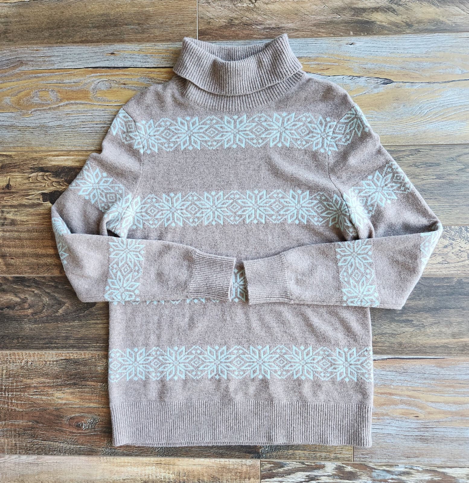 Lands' End 100% Cashmere Snowflake Turtle Neck Sweater Brown Blue Women's M - Thumbnail 6