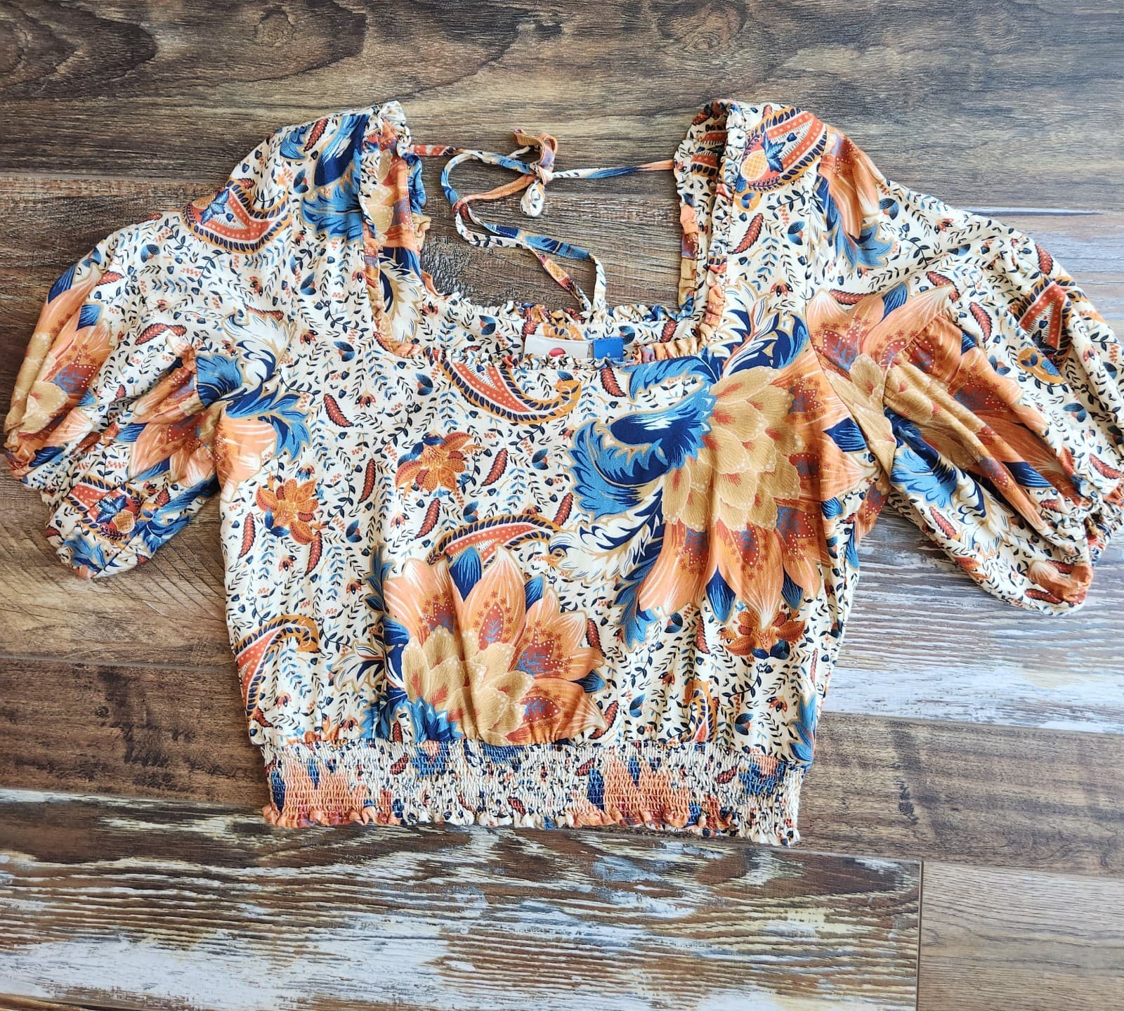 Farm Rio Anthropologie Bambina Floral Smock Waist Cropped Top Square Neck Sz.S - Thumbnail 5