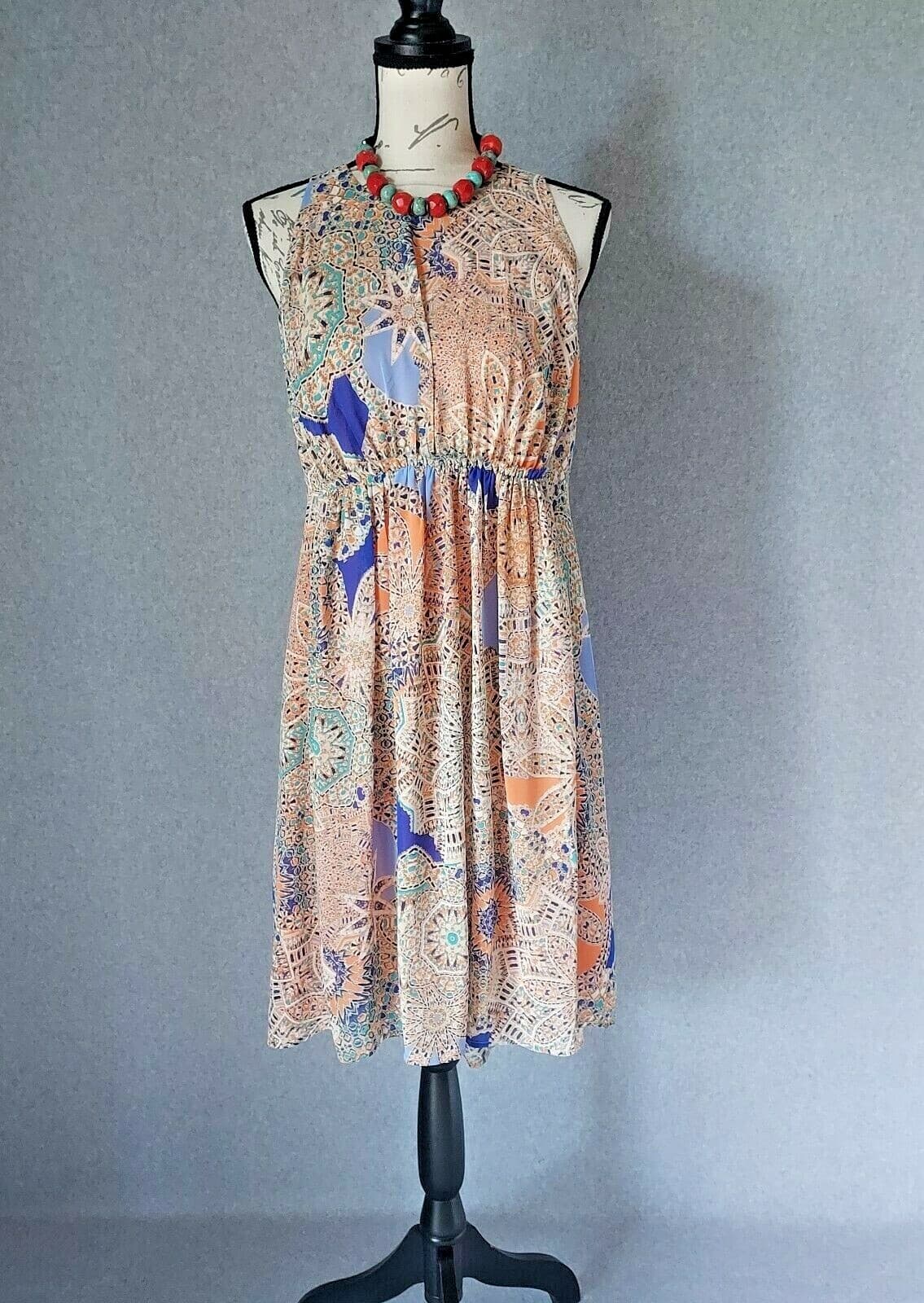 Sundance Dionna Chiffon Hi-Low Sheath Dress Sleeveless Geo-Printed Orange Sz.L