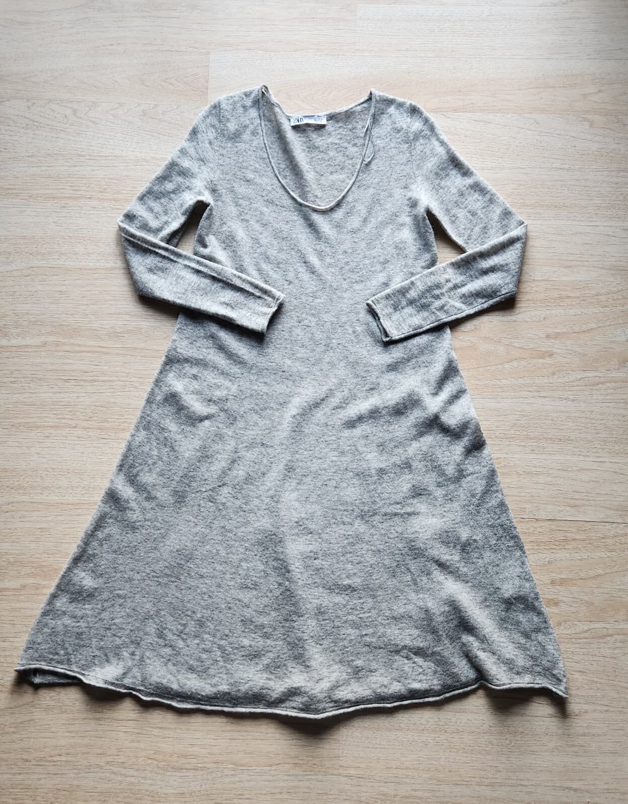 ZARA Wool Alpaca Midi Dress Limited Edition Long Sleeve Scoop Neck Grey Sz.L - Thumbnail 6