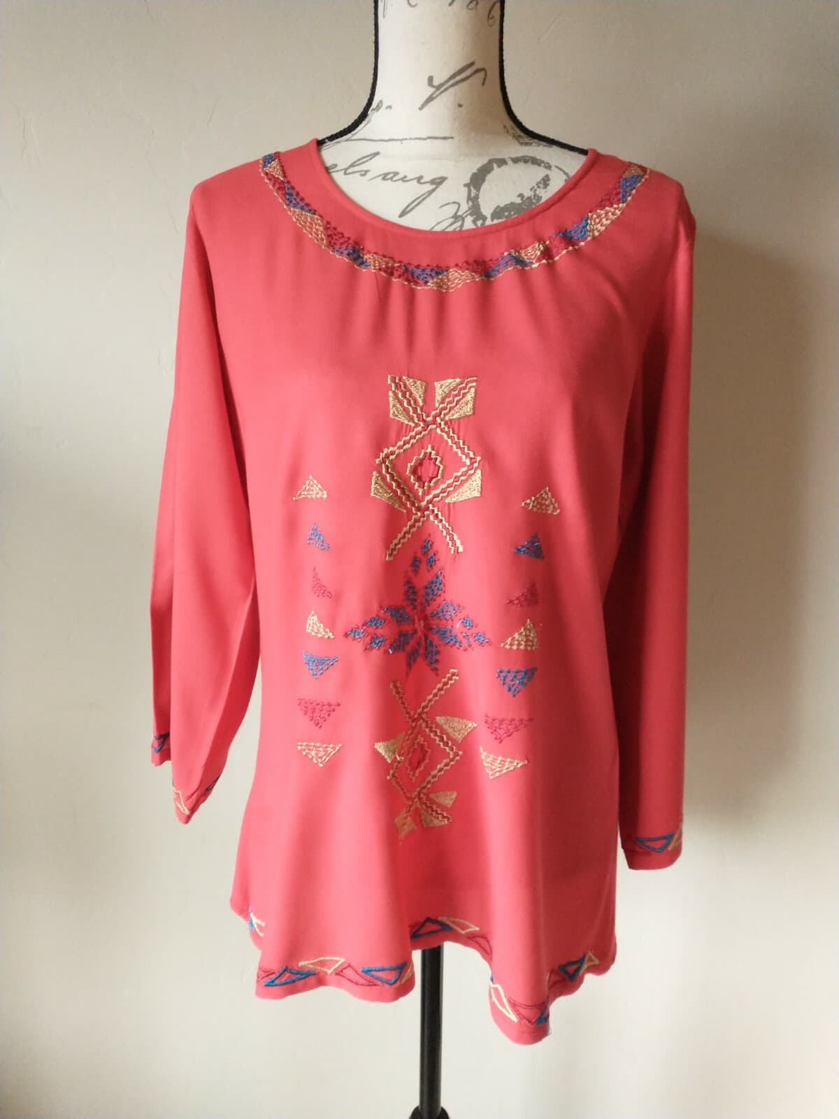 Scully Women Cotton Embroidered Tunic Top Long Sleeve Scoop Neck Red Sz.L - Thumbnail 2