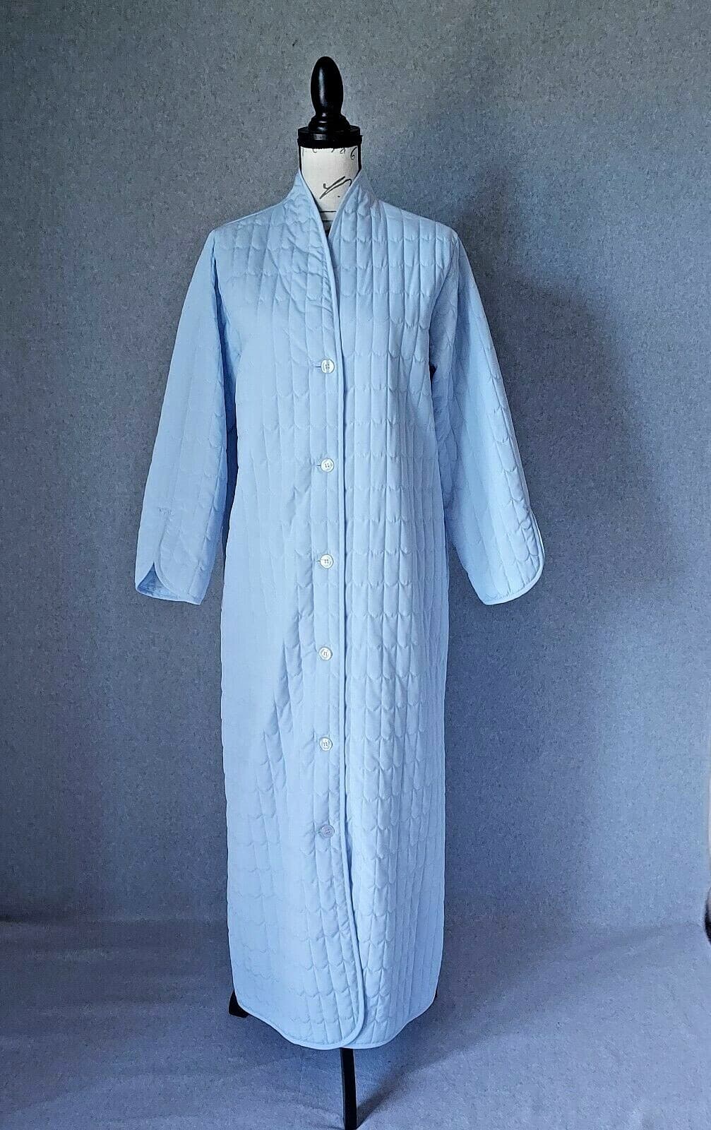 I.Magnin Quilted Nightgown Button-Down Long Sleeve Lined Pocket Blue Women Sz.M