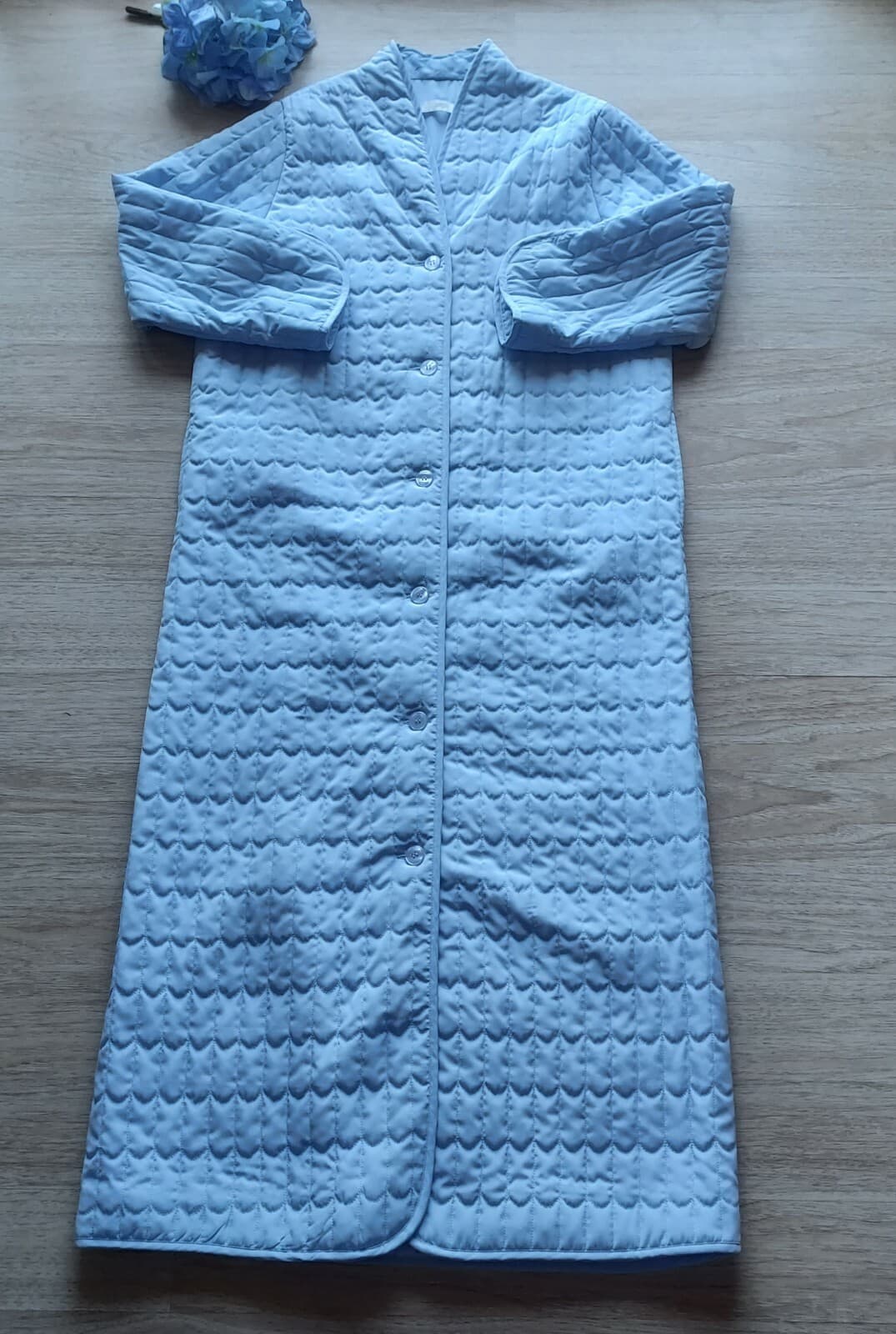 I.Magnin Quilted Nightgown Button-Down Long Sleeve Lined Pocket Blue Women Sz.M - Thumbnail 3