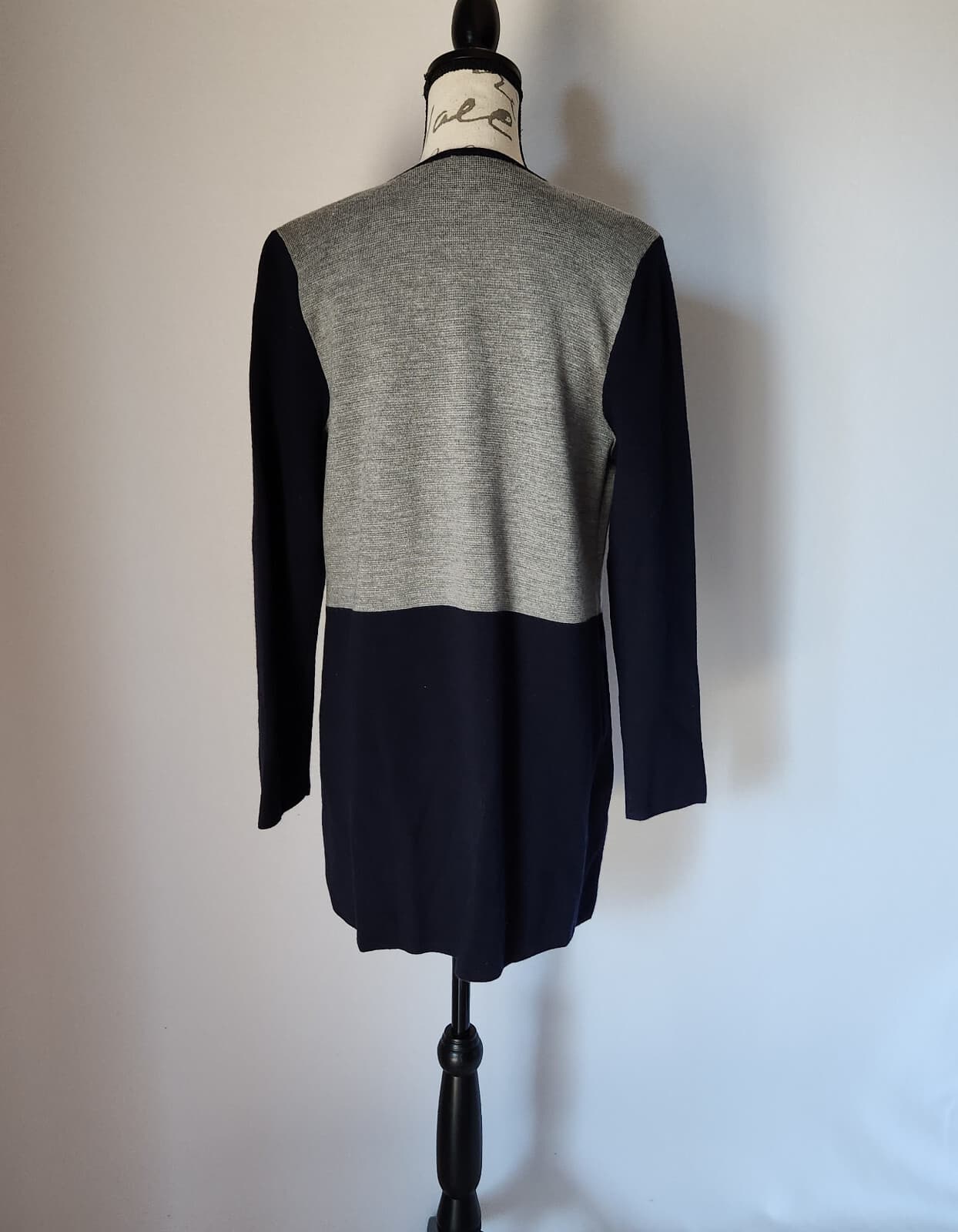 EUC Talbots Merino Wool Blend Open Long-Cardigan Sweater Colorblock Grey Blue LP - Thumbnail 7