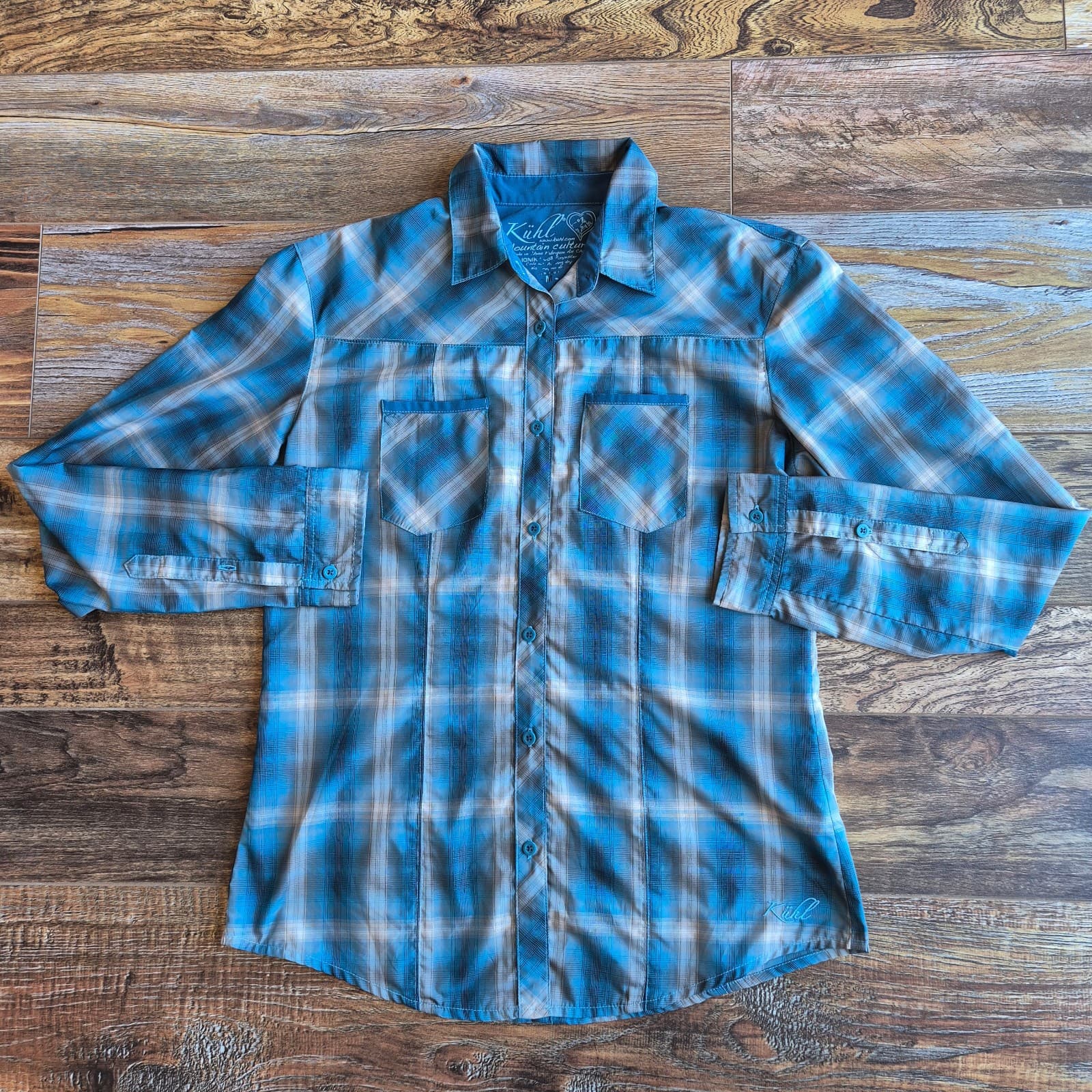 KUHL Outdoor Camping Button-Up Shirt Blue Plaid Long Sleeve Pocket Women's M - Thumbnail 3