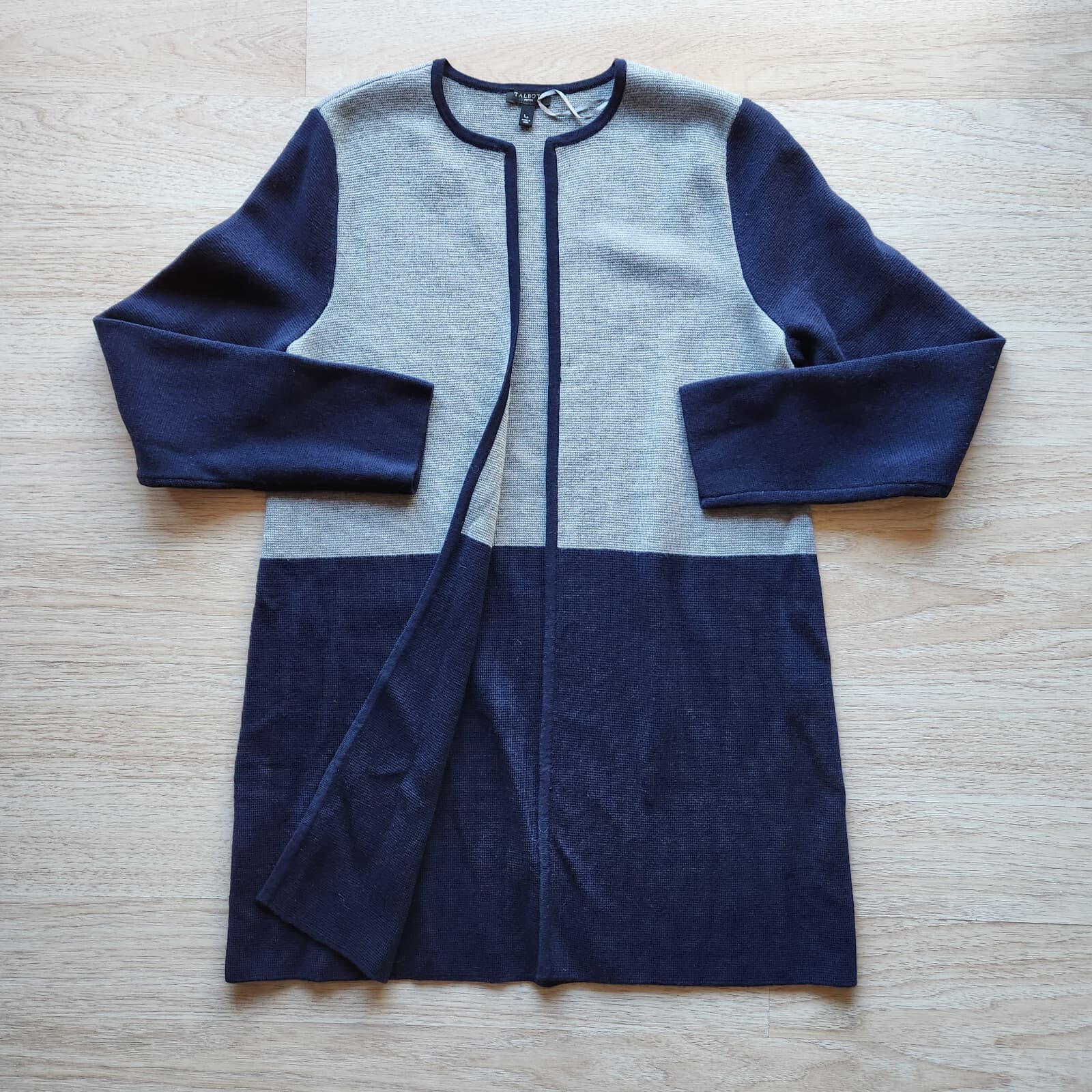 EUC Talbots Merino Wool Blend Open Long-Cardigan Sweater Colorblock Grey Blue LP - Thumbnail 2