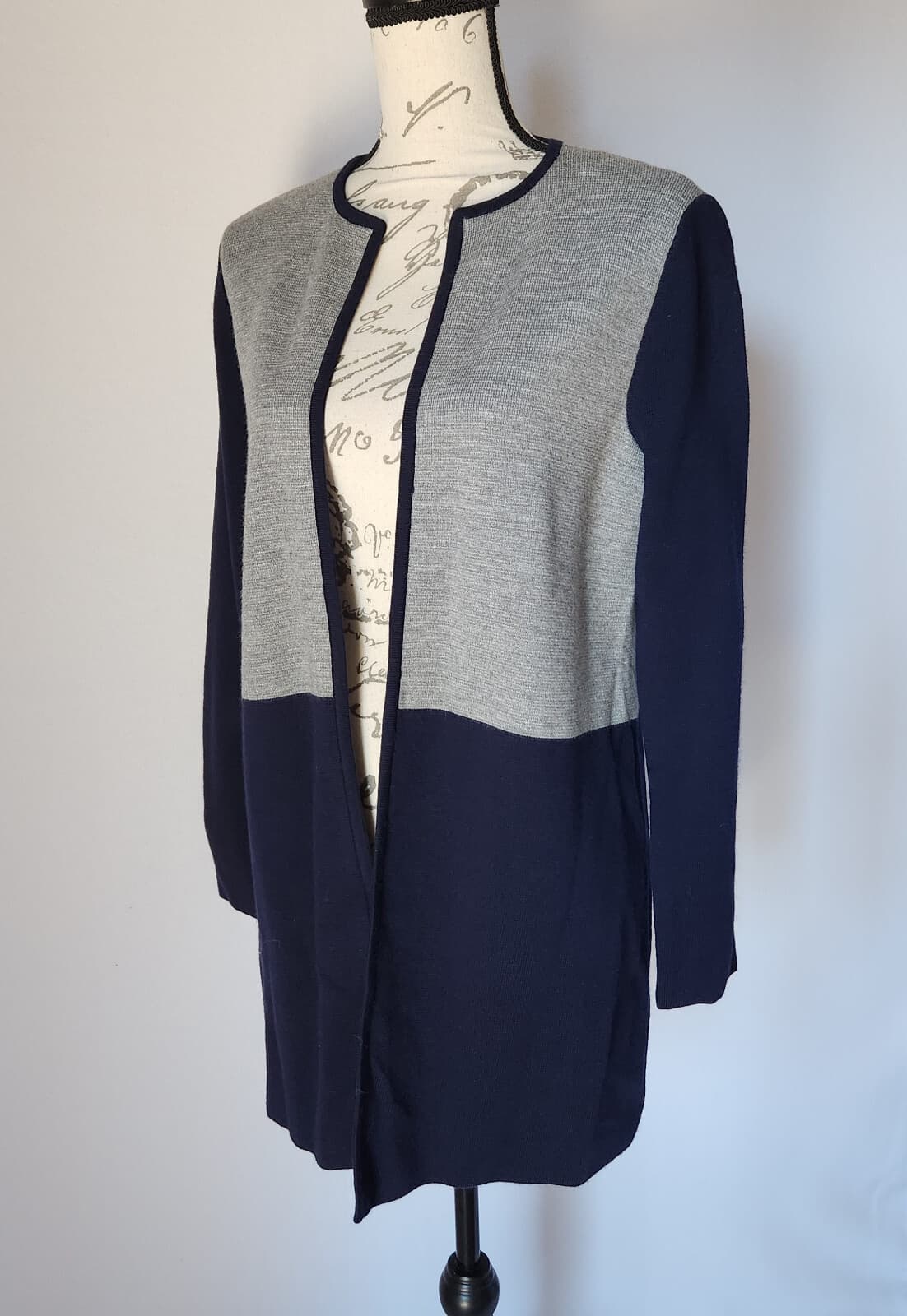 EUC Talbots Merino Wool Blend Open Long-Cardigan Sweater Colorblock Grey Blue LP - Thumbnail 5