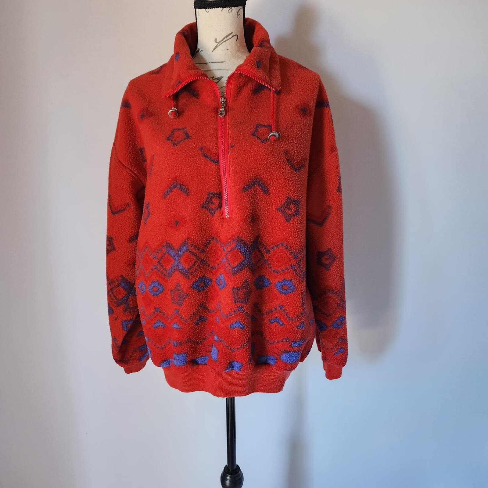 Vintage Schoffel Finest Polarfleec Aztec Pullover Jacket 1/2-Zip Pocket Red M - Thumbnail 2