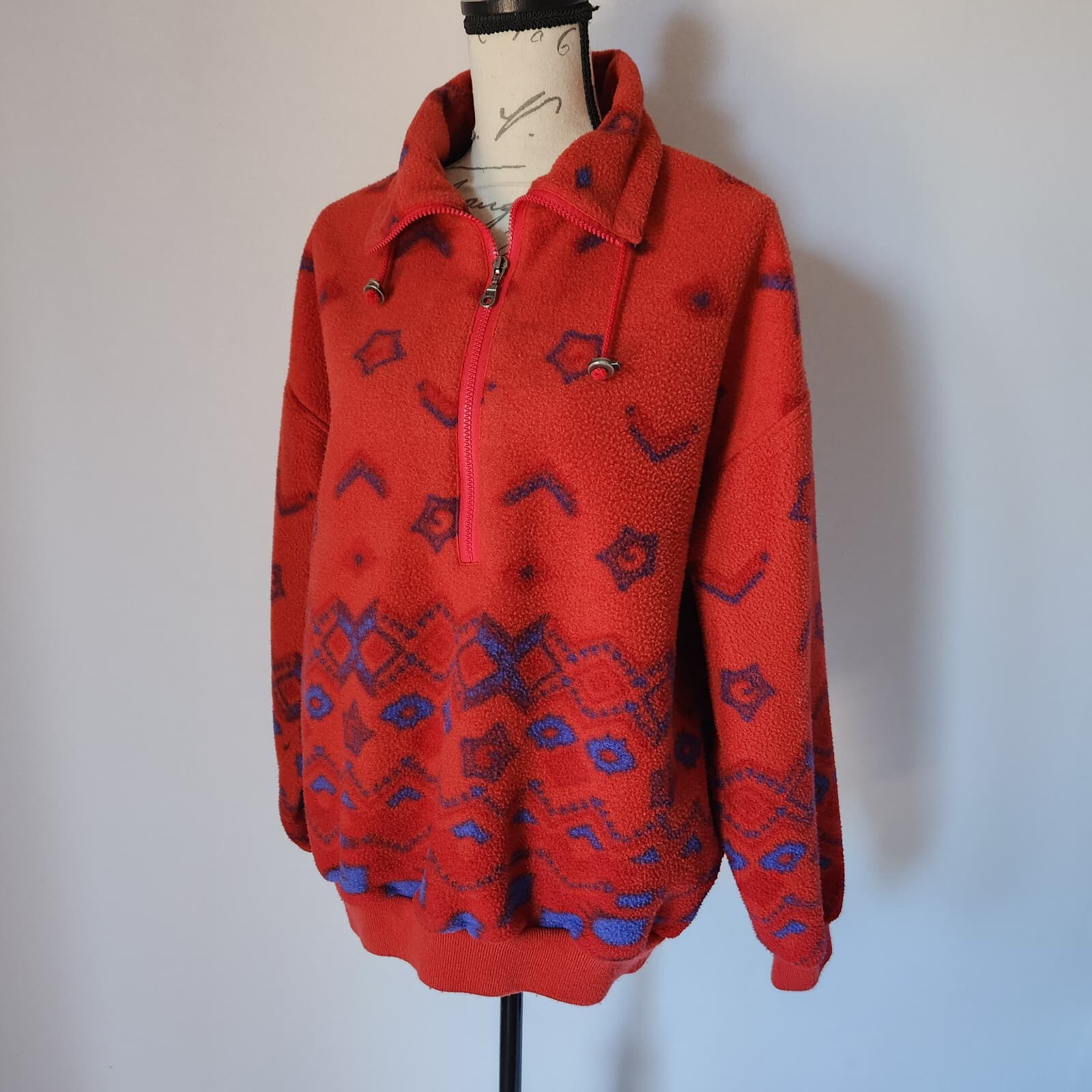 Vintage Schoffel Finest Polarfleec Aztec Pullover Jacket 1/2-Zip Pocket Red M - Thumbnail 3