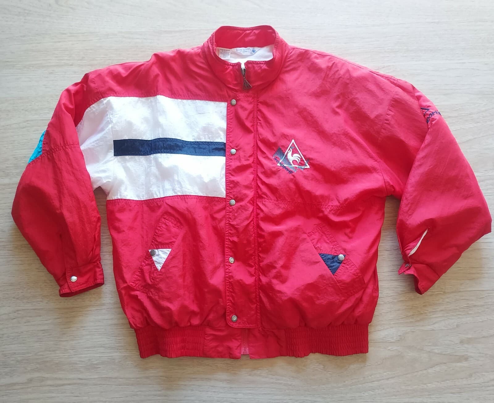 Vintage Le Coq Sportif Flannel Lined Jacket Zip-Up Pocket Red White Men Sz.S