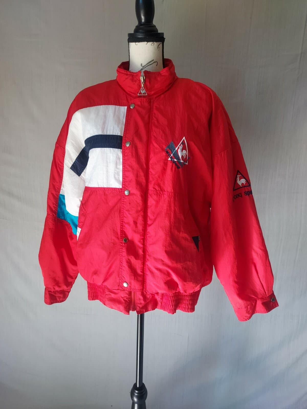 Vintage Le Coq Sportif Flannel Lined Jacket Zip-Up Pocket Red White Men Sz.S - Thumbnail 2