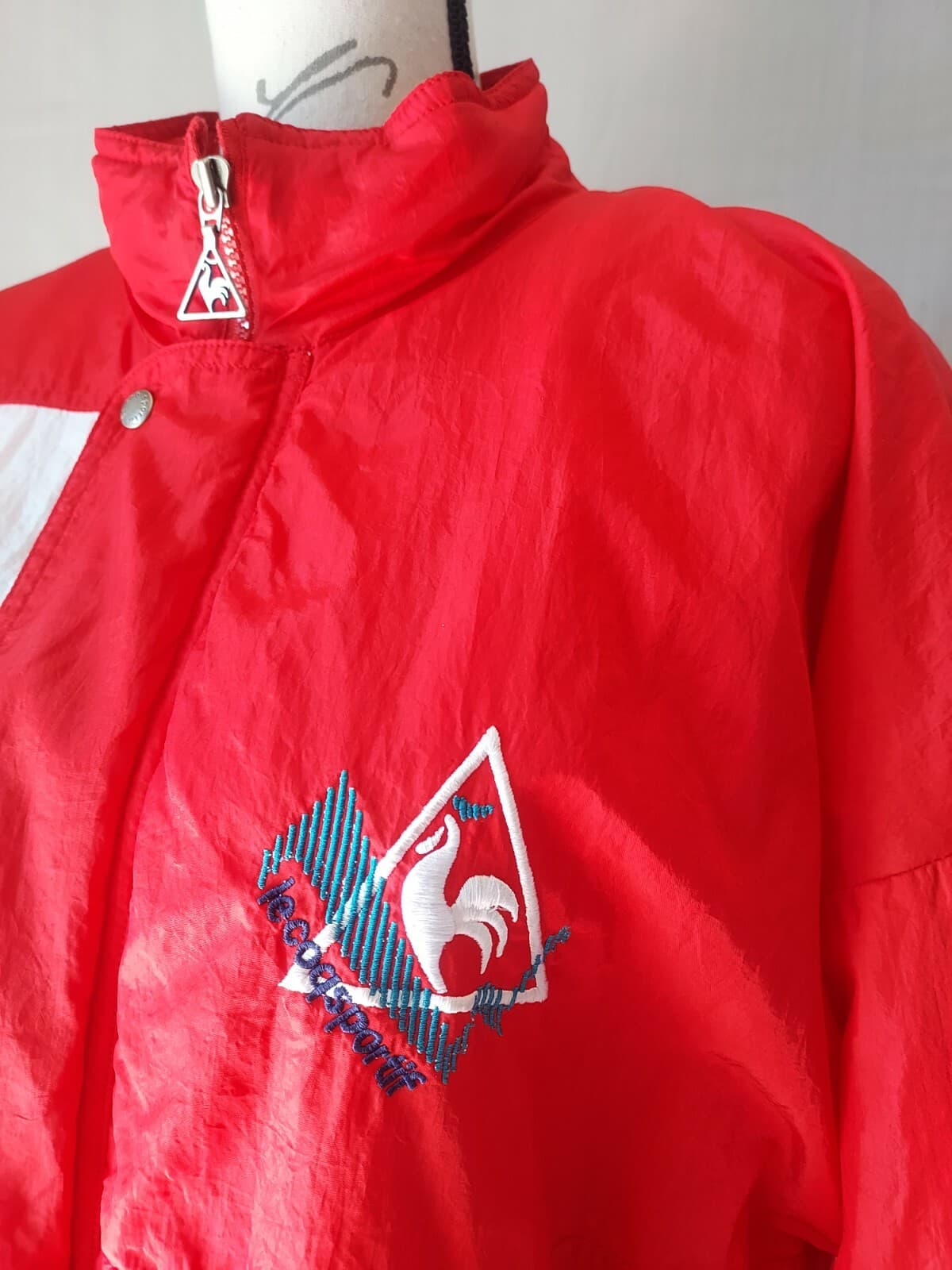 Vintage Le Coq Sportif Flannel Lined Jacket Zip-Up Pocket Red White Men Sz.S - Thumbnail 3