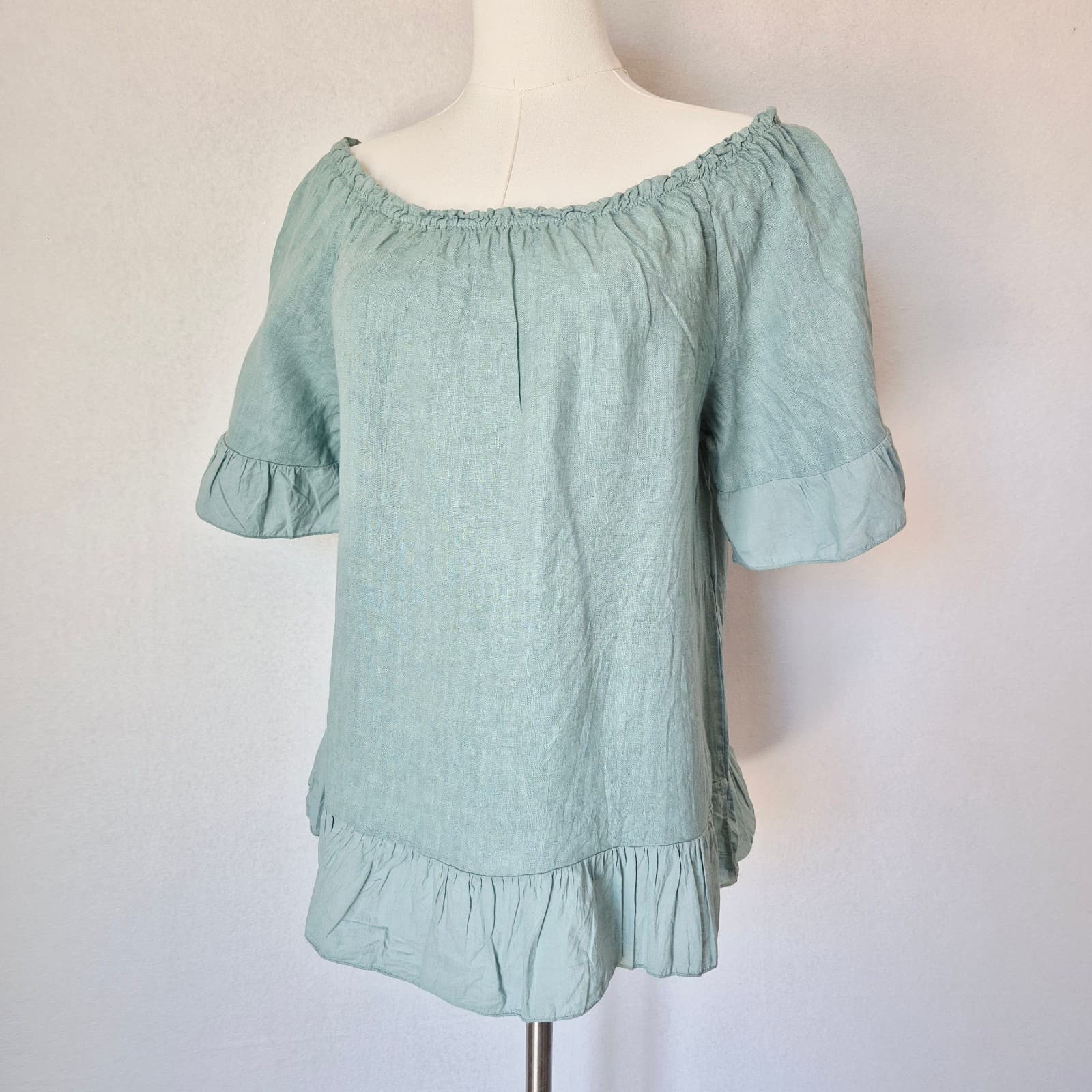 Terzo Millennio Made in Italy Linen Off-Shoulder Top Short Sleeve Green Womens M - Thumbnail 2