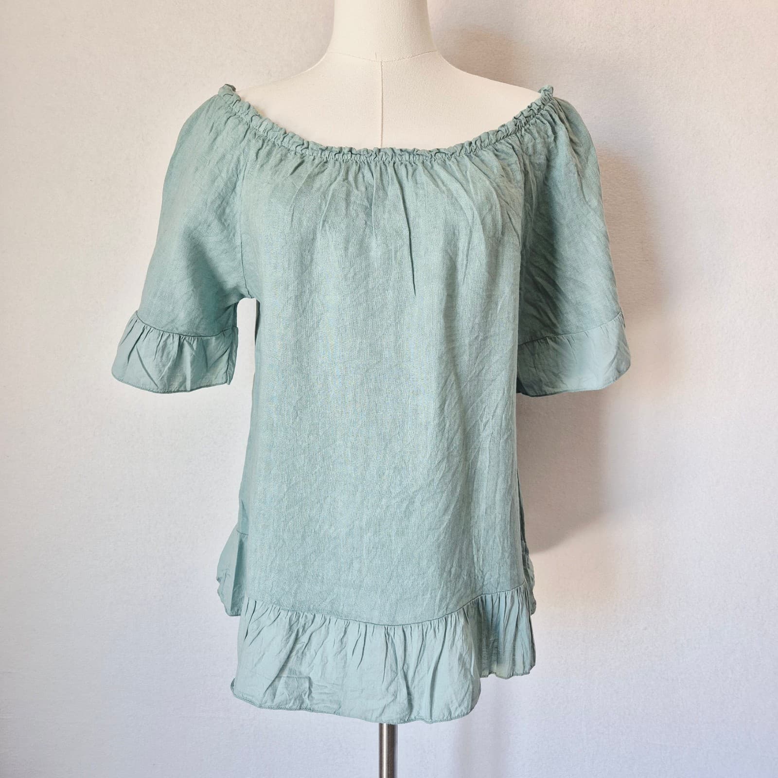 Terzo Millennio Made in Italy Linen Off-Shoulder Top Short Sleeve Green Womens M