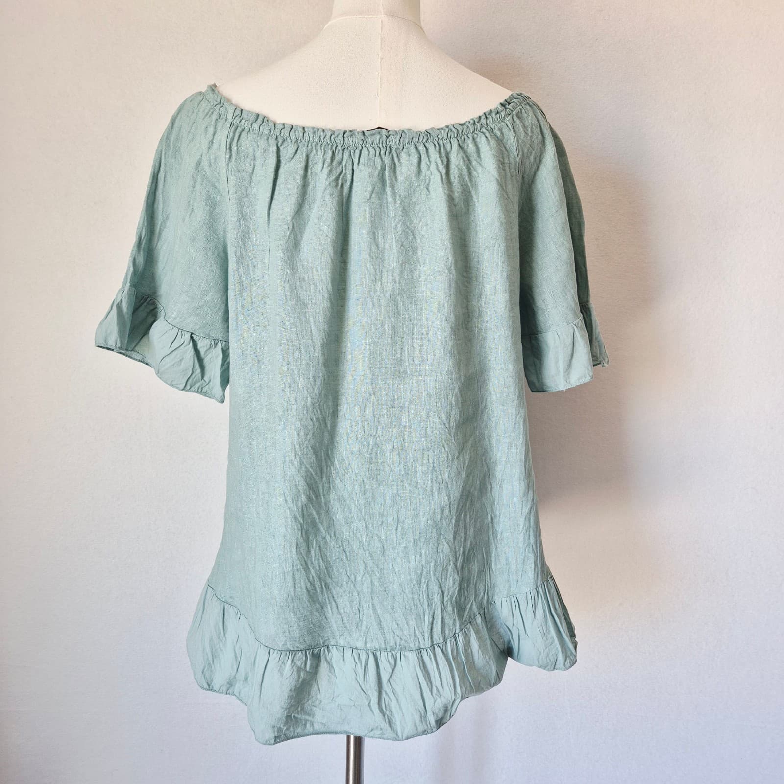 Terzo Millennio Made in Italy Linen Off-Shoulder Top Short Sleeve Green Womens M - Thumbnail 6