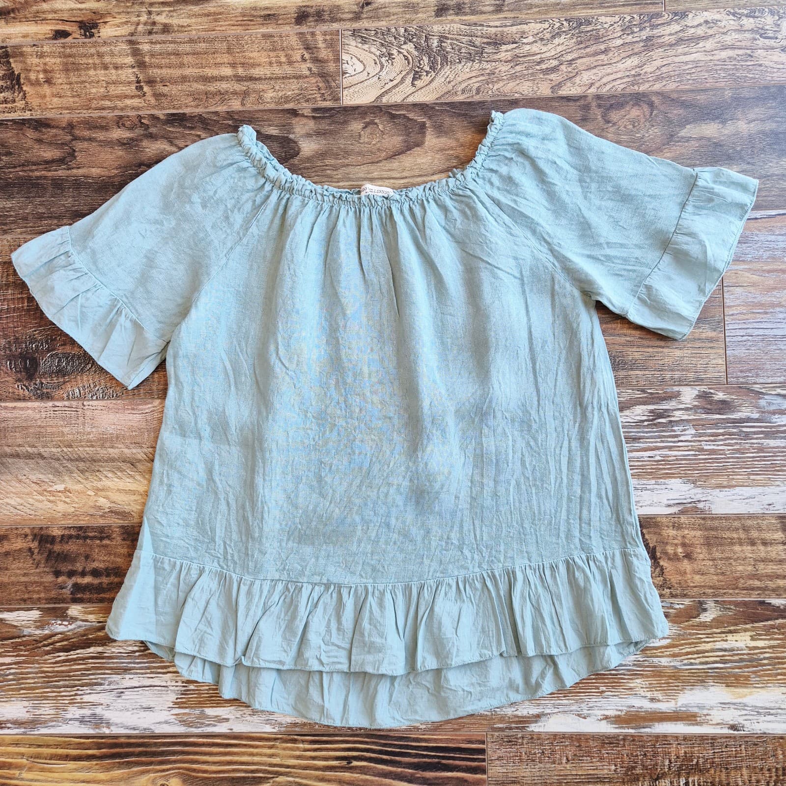 Terzo Millennio Made in Italy Linen Off-Shoulder Top Short Sleeve Green Womens M - Thumbnail 3
