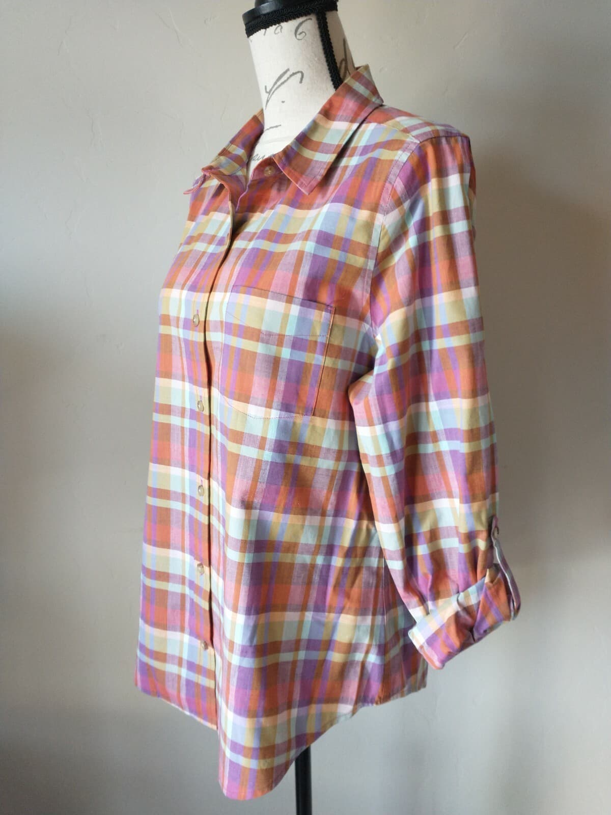 NWoT PENDLETON Women 100%Cotton Shirt Button-Up Roll Tap Sleeve Red Plaid Sz.L - Thumbnail 3