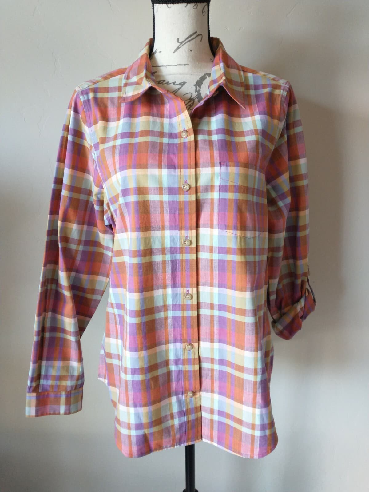 NWoT PENDLETON Women 100%Cotton Shirt Button-Up Roll Tap Sleeve Red Plaid Sz.L - Thumbnail 2