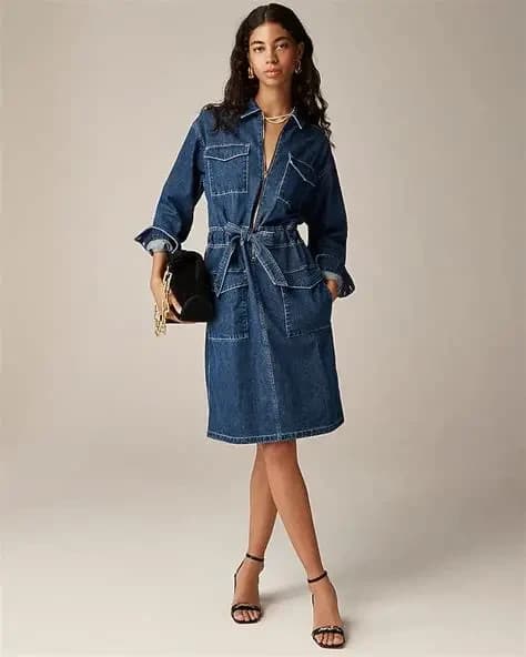 J.Crew Blue Denim Utility Dress Long Sleeve Tie-Waist Zip-Up Cotton Women's 10 - Thumbnail 2