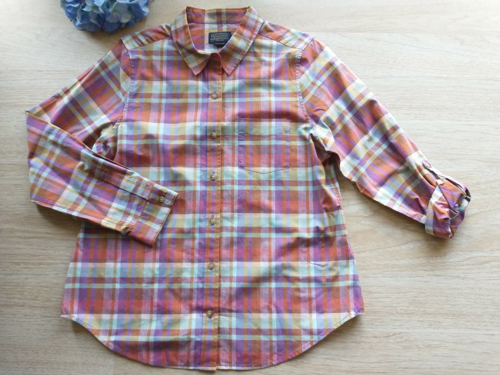 NWoT PENDLETON Women 100%Cotton Shirt Button-Up Roll Tap Sleeve Red Plaid Sz.L