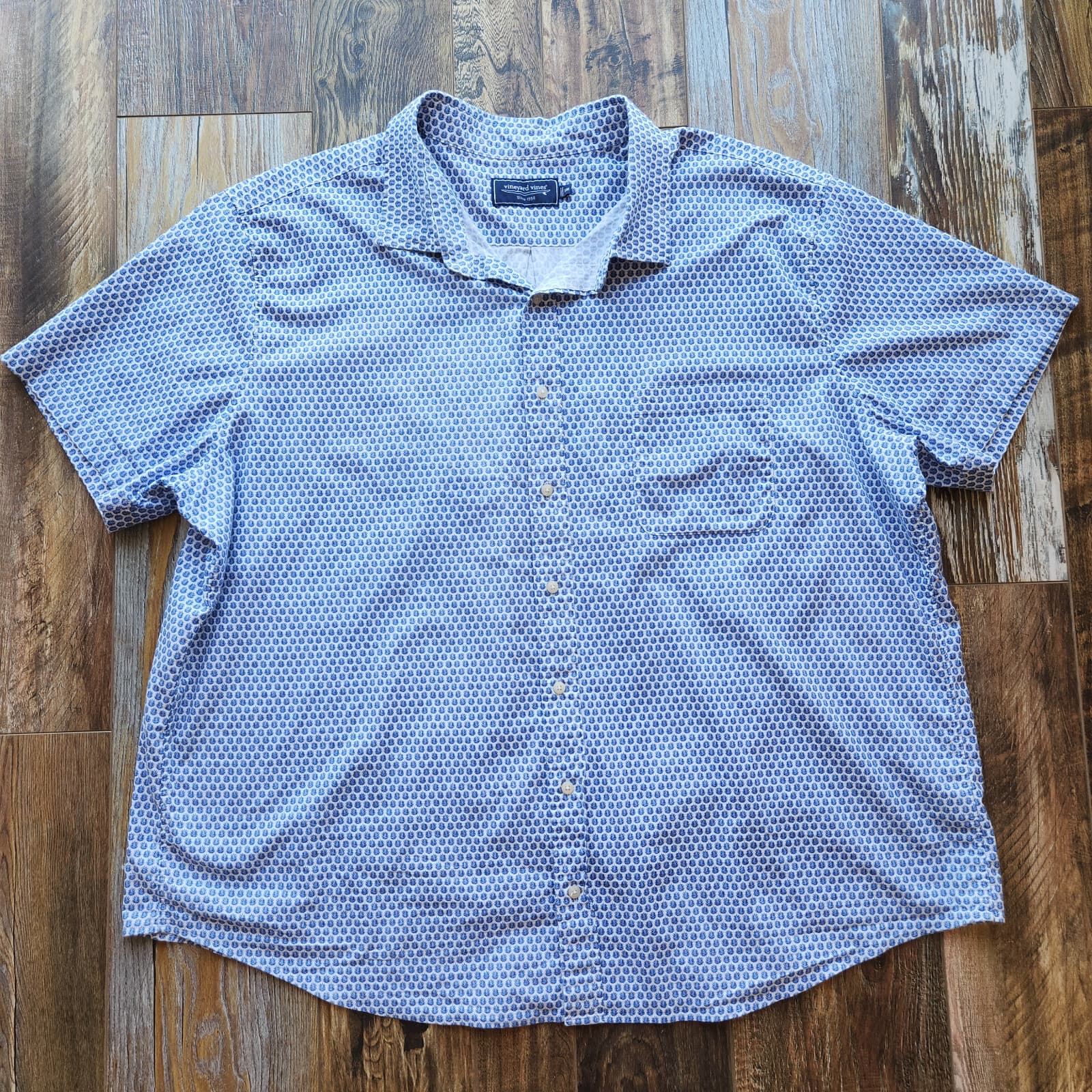 Vineyard Vines Men's 3XB Leaf-Printed Button-Up Shirt Short Sleeve Blue White - Thumbnail 2