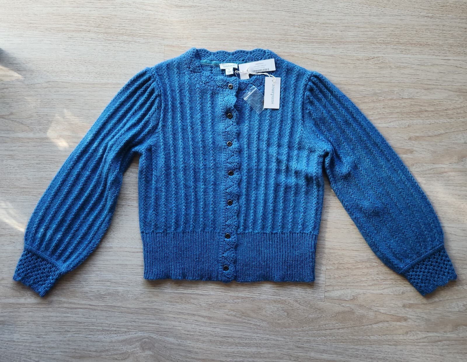 NWT Sundance Alpine Kiss Cable Knit Cardigan Puff Sleeve Wool Blend Blue Sz.M - Thumbnail 5