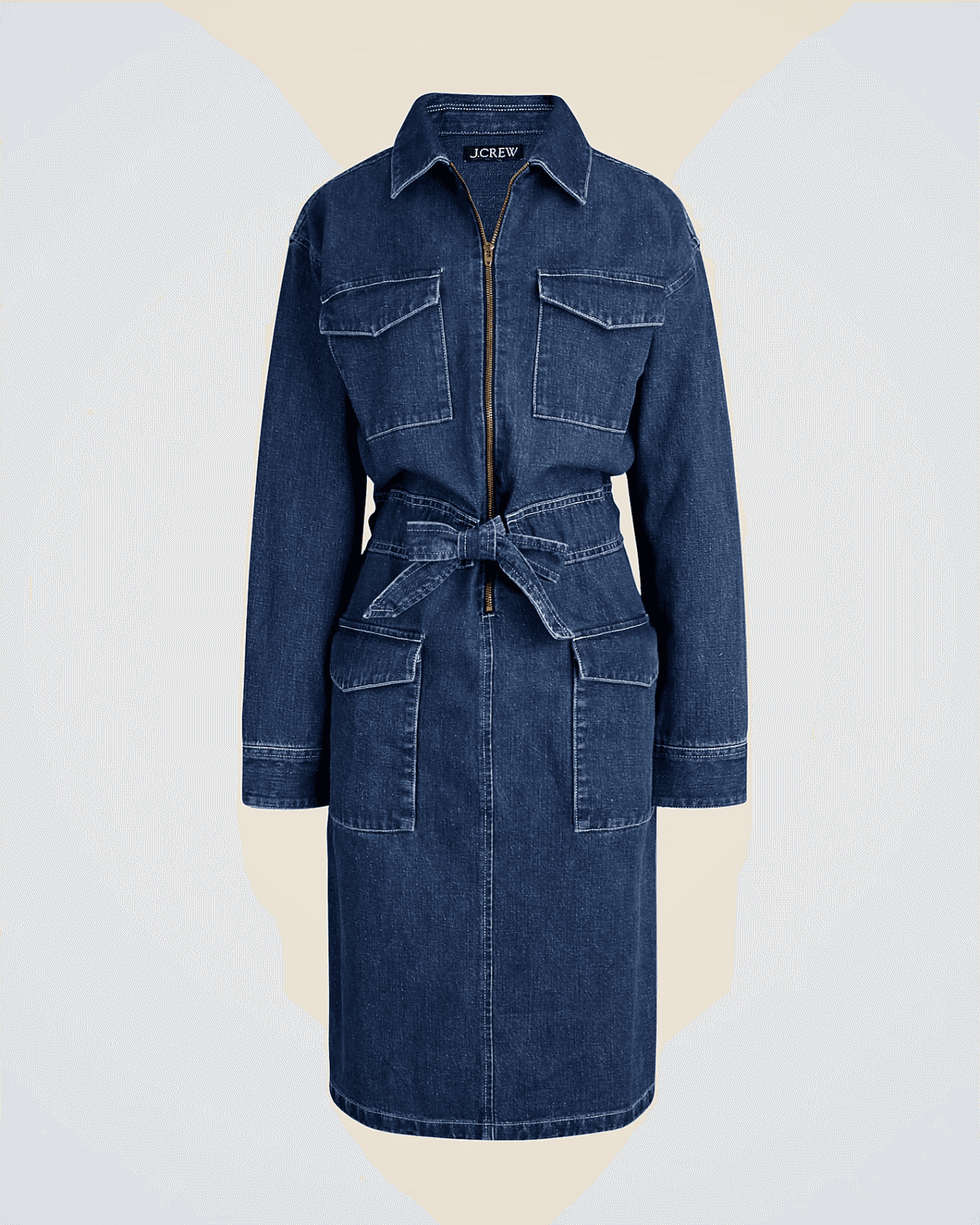 J.Crew Blue Denim Utility Dress Long Sleeve Tie-Waist Zip-Up Cotton Women's 10 - Thumbnail 3