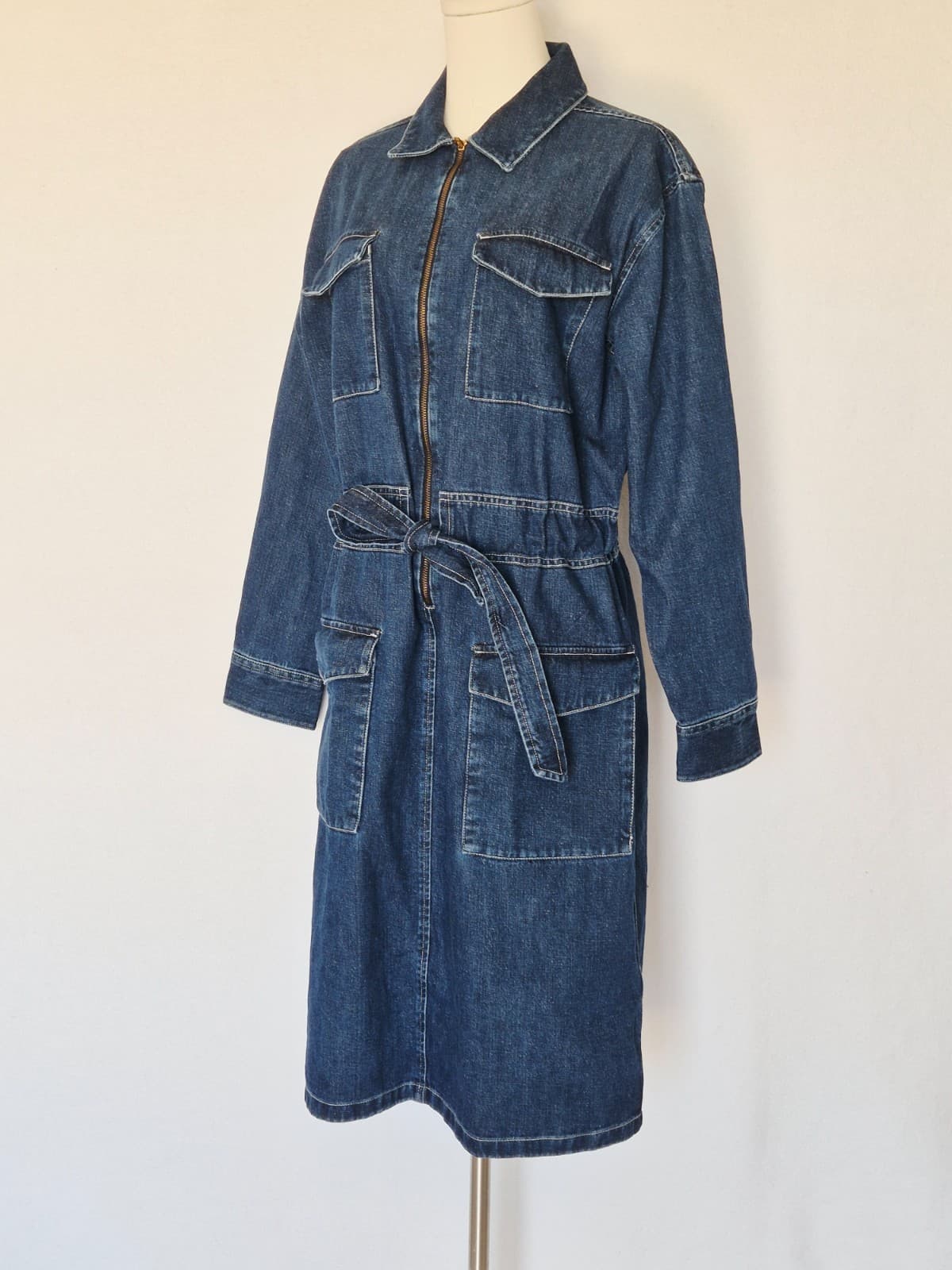 J.Crew Blue Denim Utility Dress Long Sleeve Tie-Waist Zip-Up Cotton Women's 10 - Thumbnail 4
