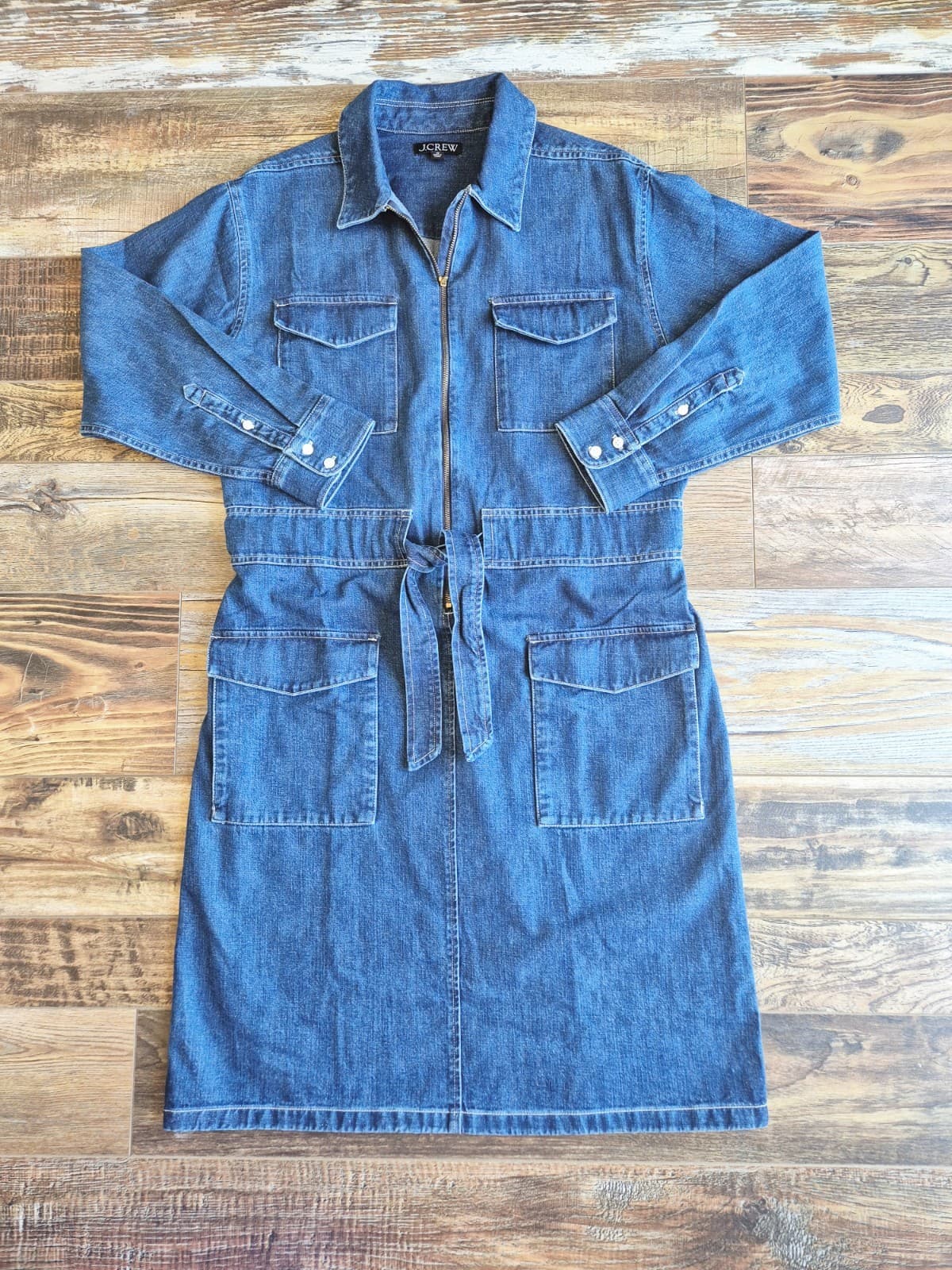 J.Crew Blue Denim Utility Dress Long Sleeve Tie-Waist Zip-Up Cotton Women's 10 - Thumbnail 7