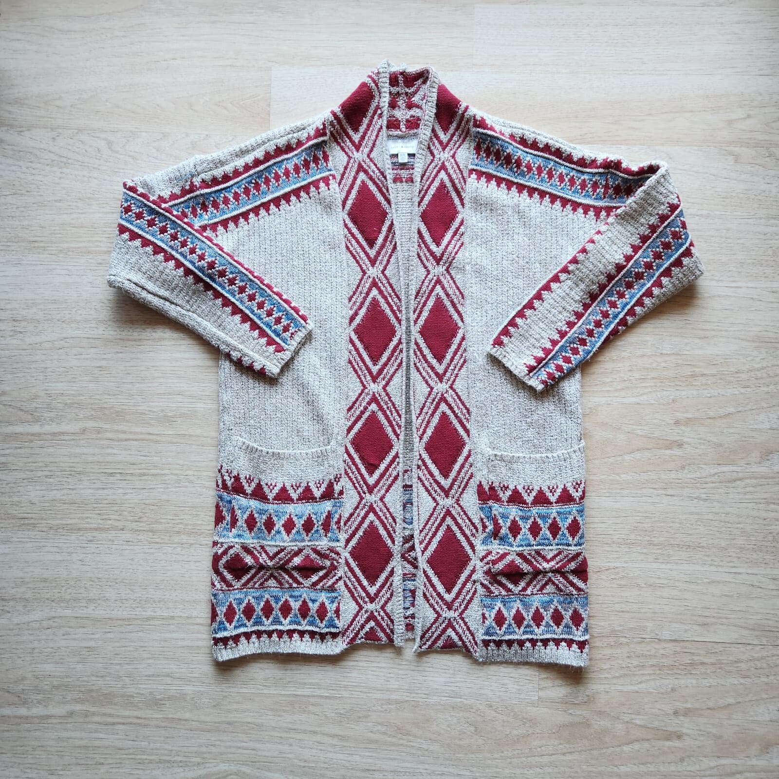 Lucky Brand Aztec Southwest Boho Open Cardigan Long Sleeve Pocket Red Beige Sz.M - Thumbnail 2