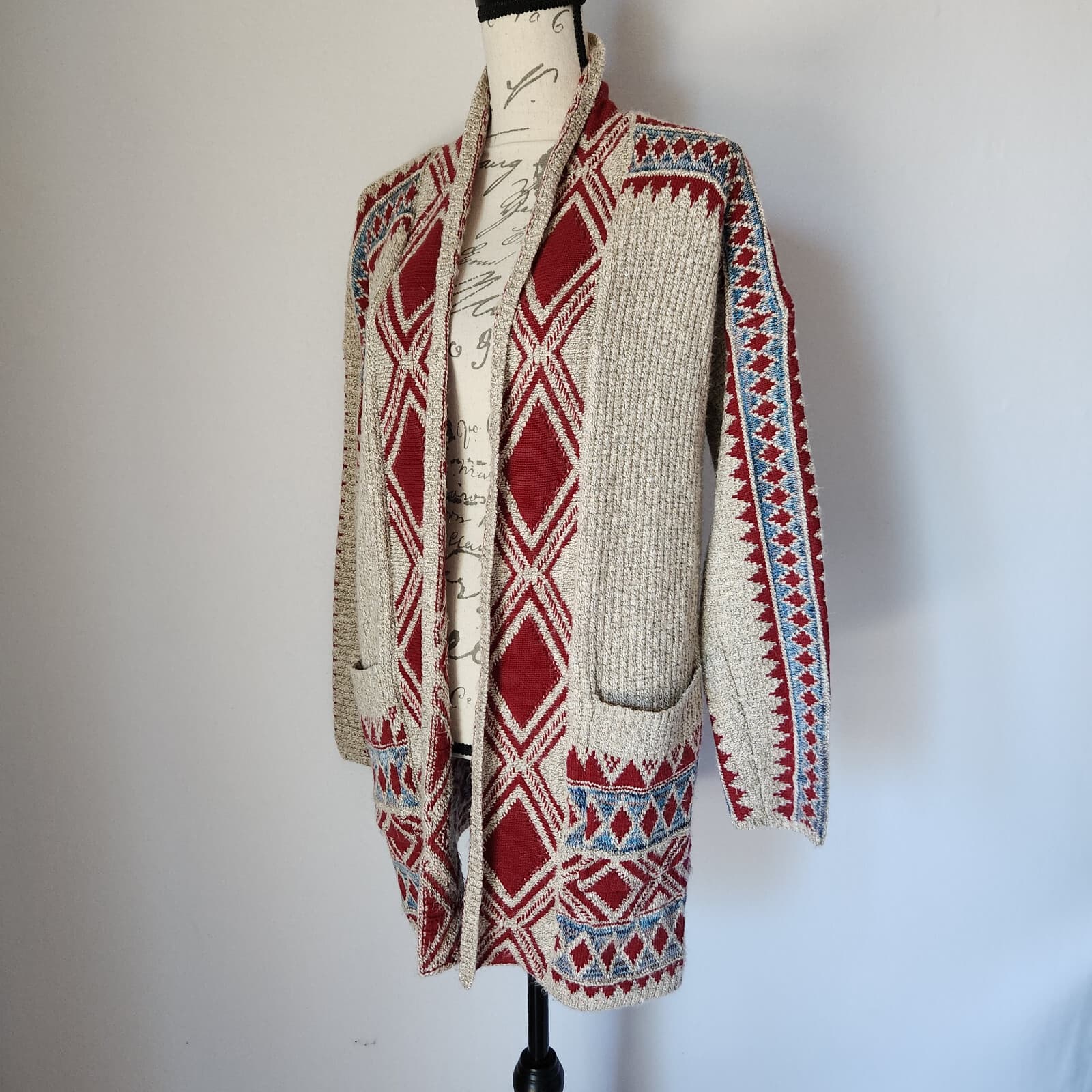 Lucky Brand Aztec Southwest Boho Open Cardigan Long Sleeve Pocket Red Beige Sz.M - Thumbnail 3